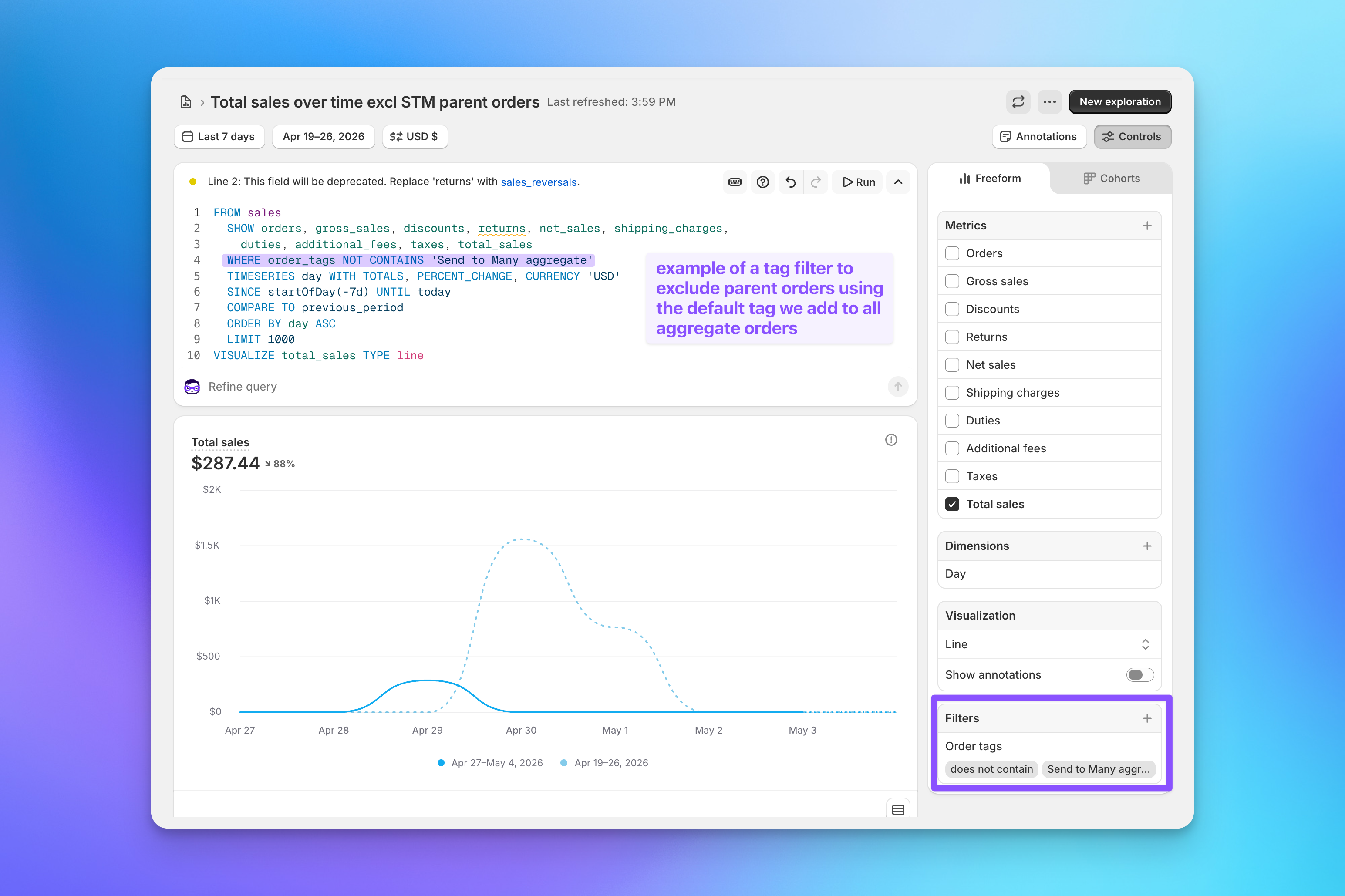 Shopify analytics report filtered by order tags to exclude Send To Many aggregate orders