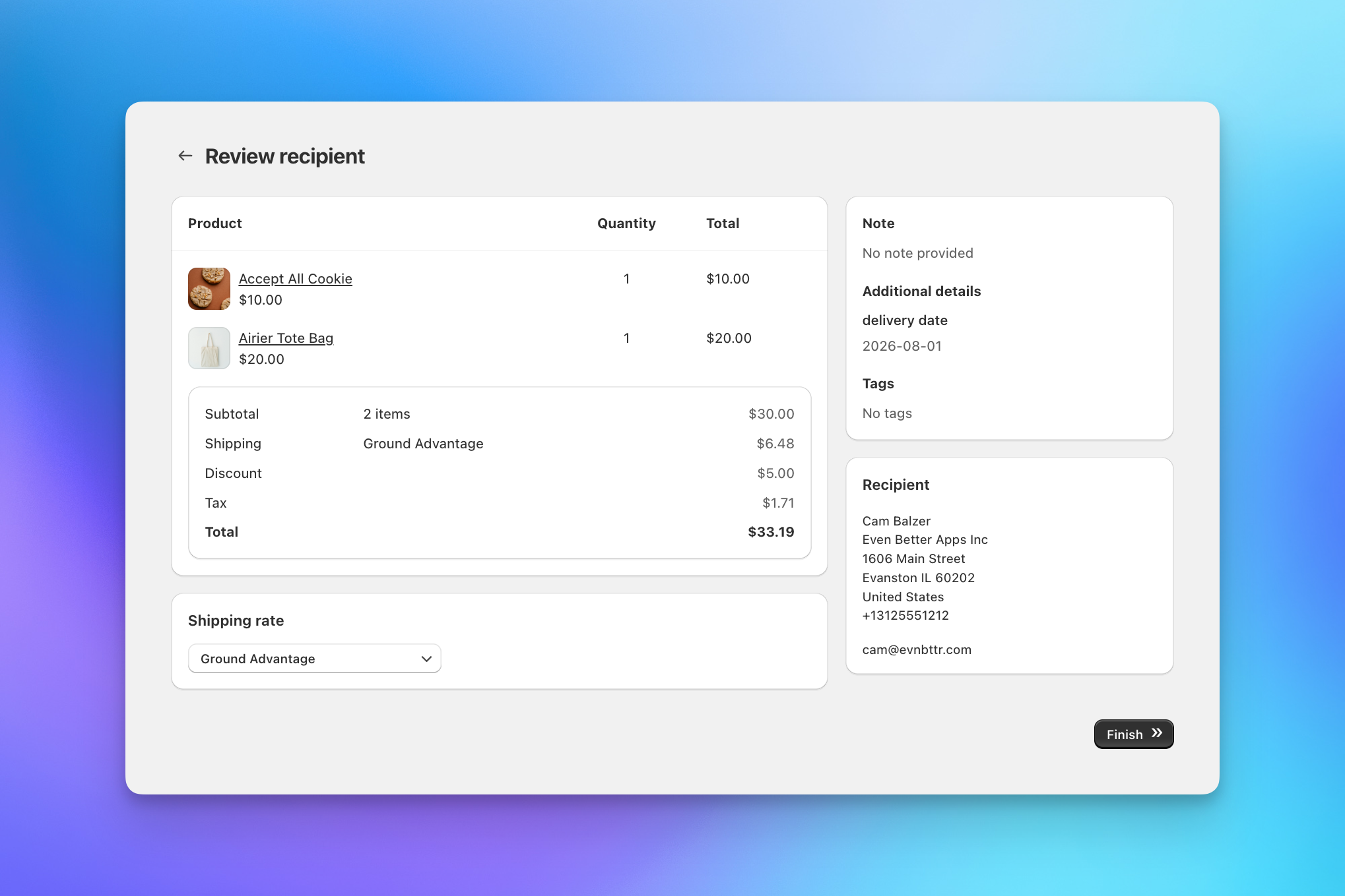 Review recipient panel on Step 5 of the Send To Many upload workflow showing product selection, shipping rate dropdown, and recalculated totals for a newly added recipient