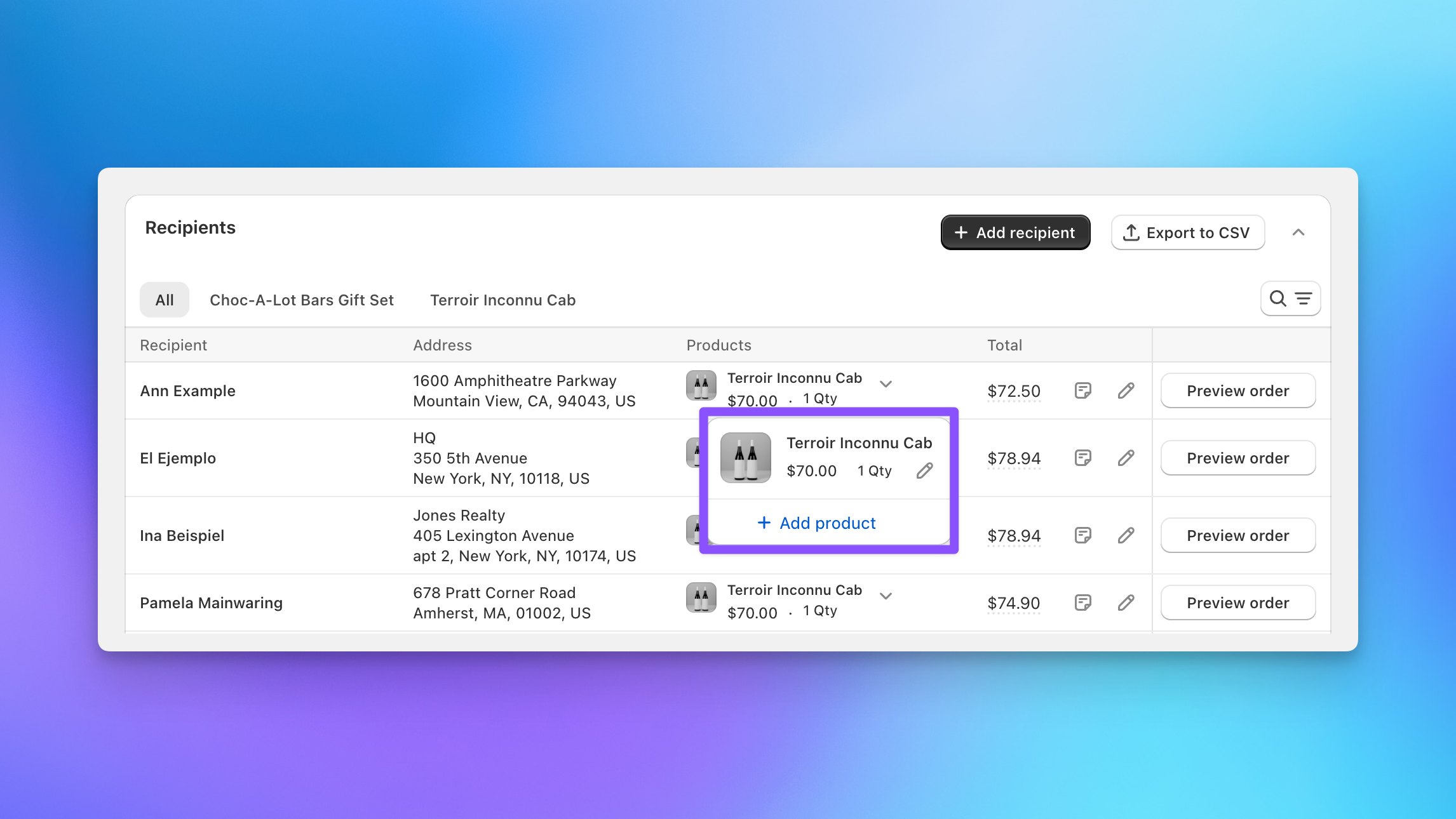 Send To Many recipients table showing the Add product option for editing an individual recipient's products during bulk order review