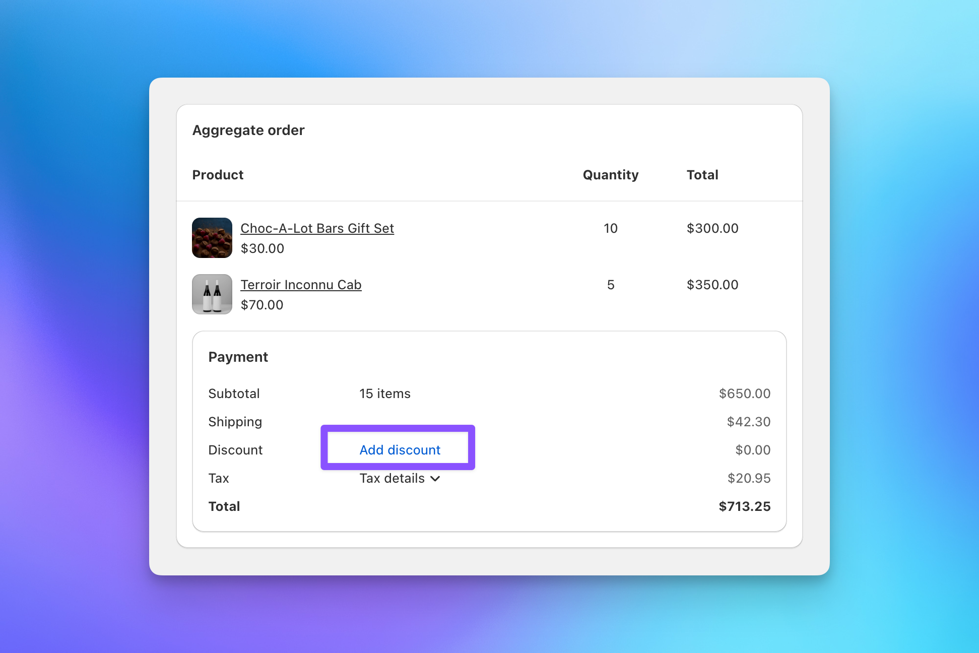 Send To Many aggregate order payment summary with the Add discount option for applying a discount code or custom discount on Step 5