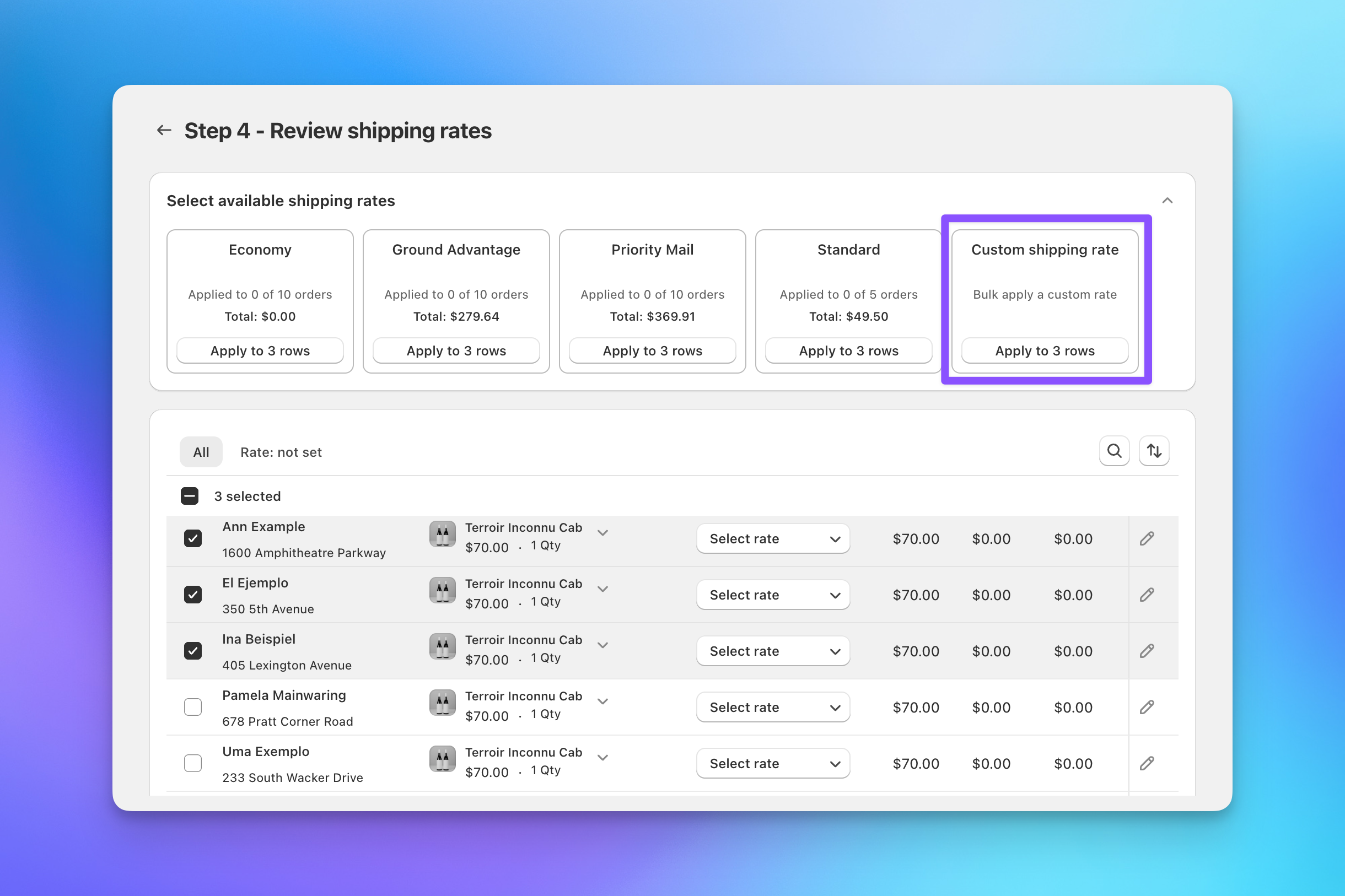 Step 4 shipping rate review in Send To Many showing the custom shipping rate card with bulk apply for multiple recipients
