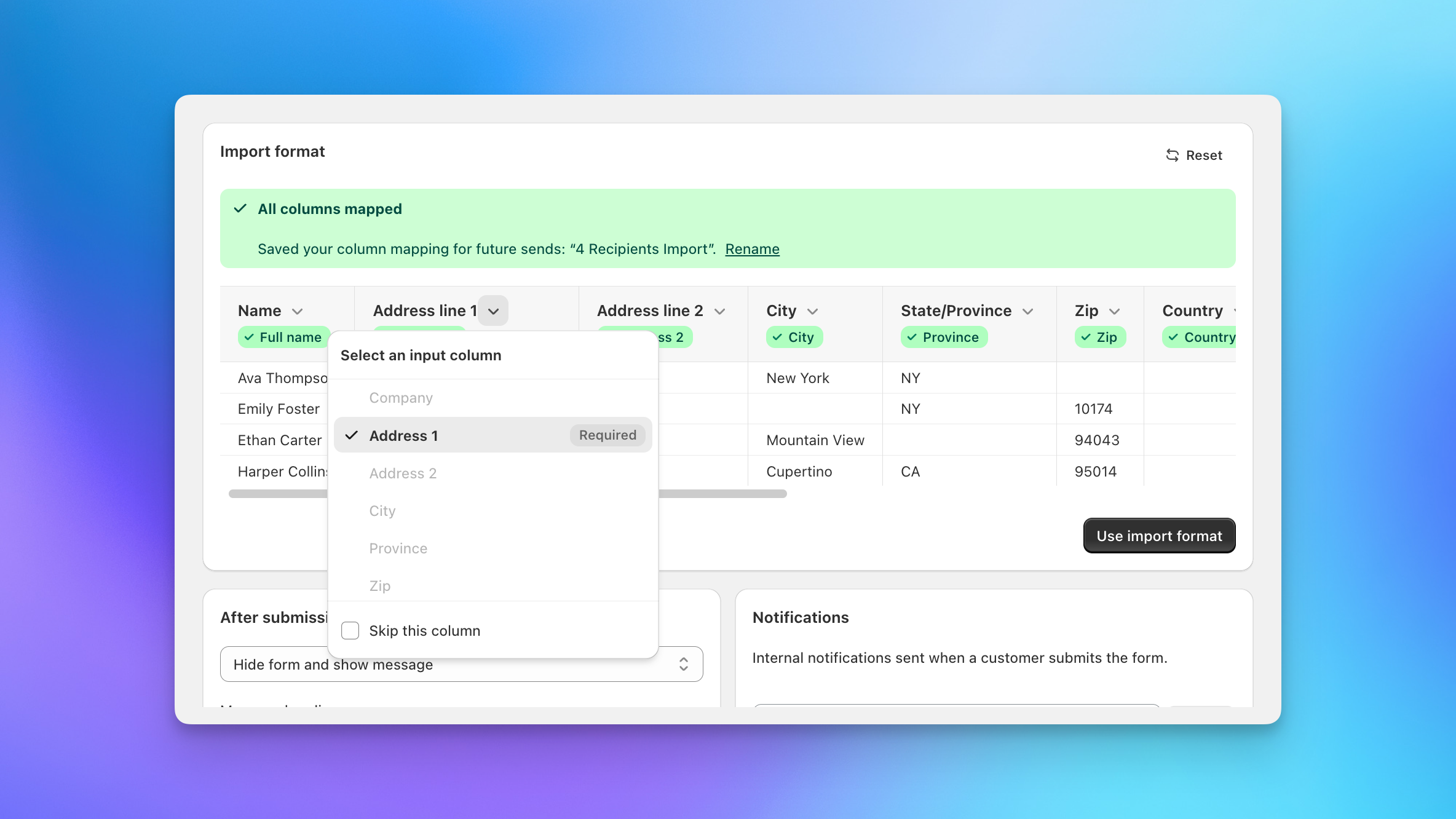 Send To Many import format column mapping screen with input columns matched to recipient fields