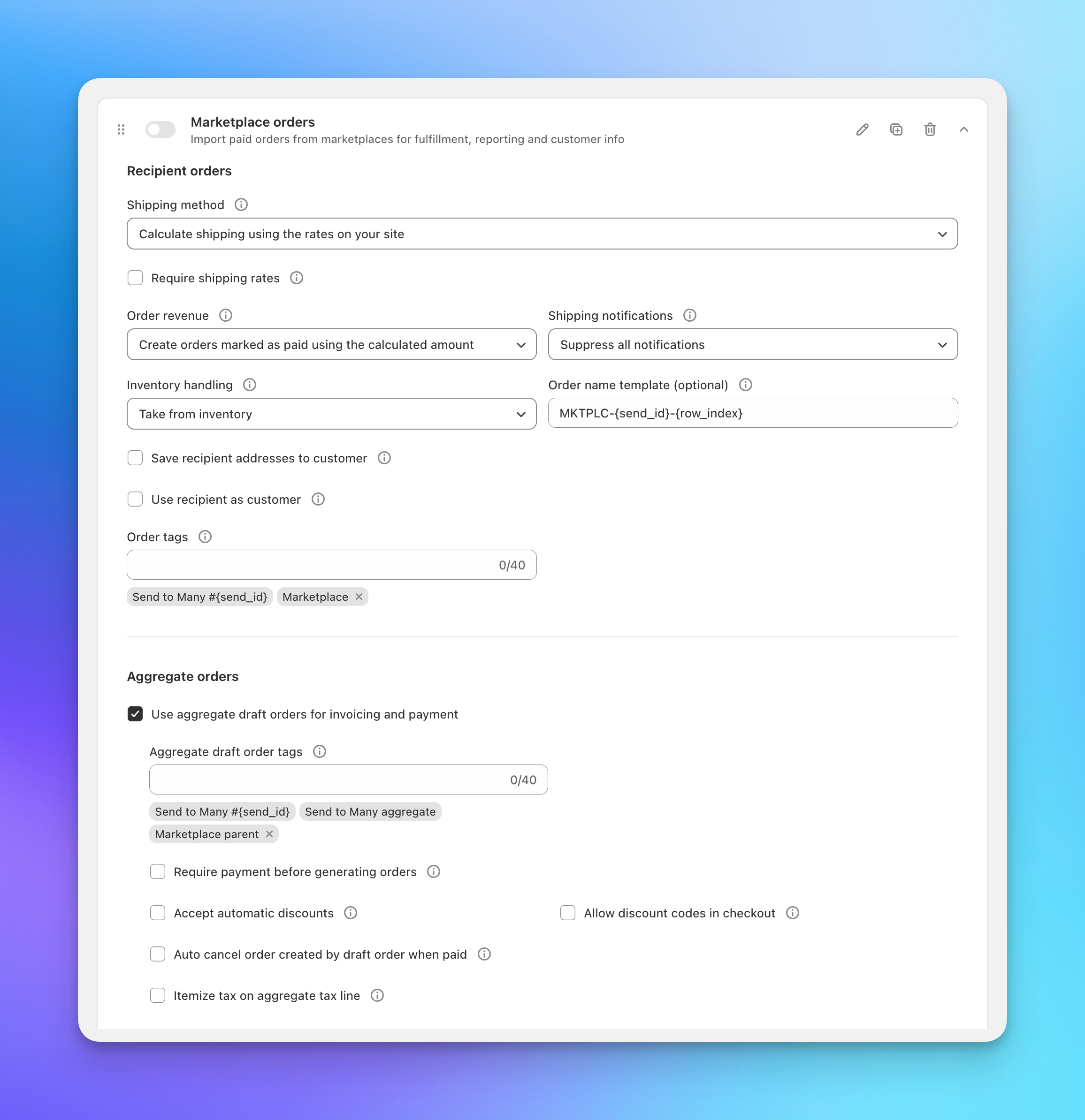 Send To Many send preset configured for importing marketplace orders into Shopify, with calculated shipping, paid order revenue, suppressed notifications, and a Marketplace tag