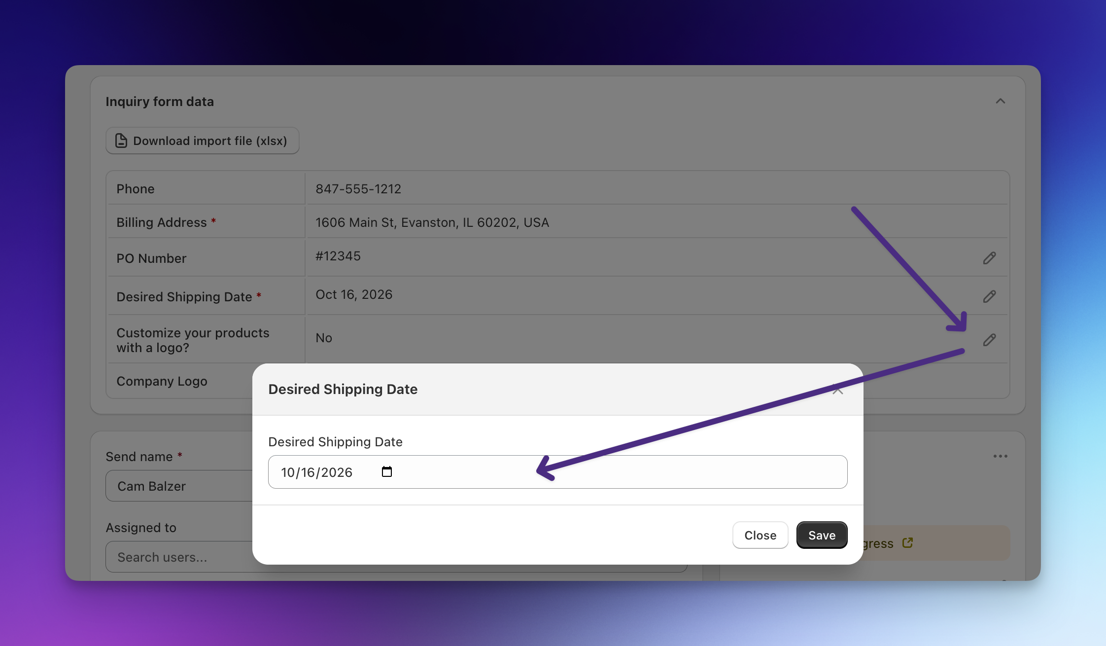 Editing a submitted inquiry form answer on step 1 of a Send To Many corporate gifting order