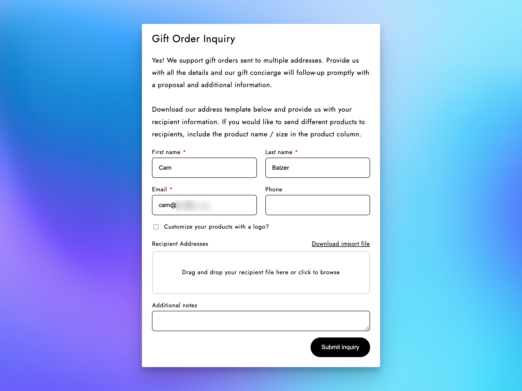 Corporate gifting inquiry form on a Shopify storefront