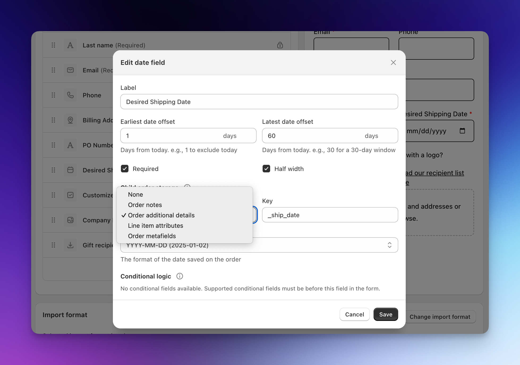 Send To Many inquiry form date field editor with earliest and latest date offsets and child order storage options for Shopify orders