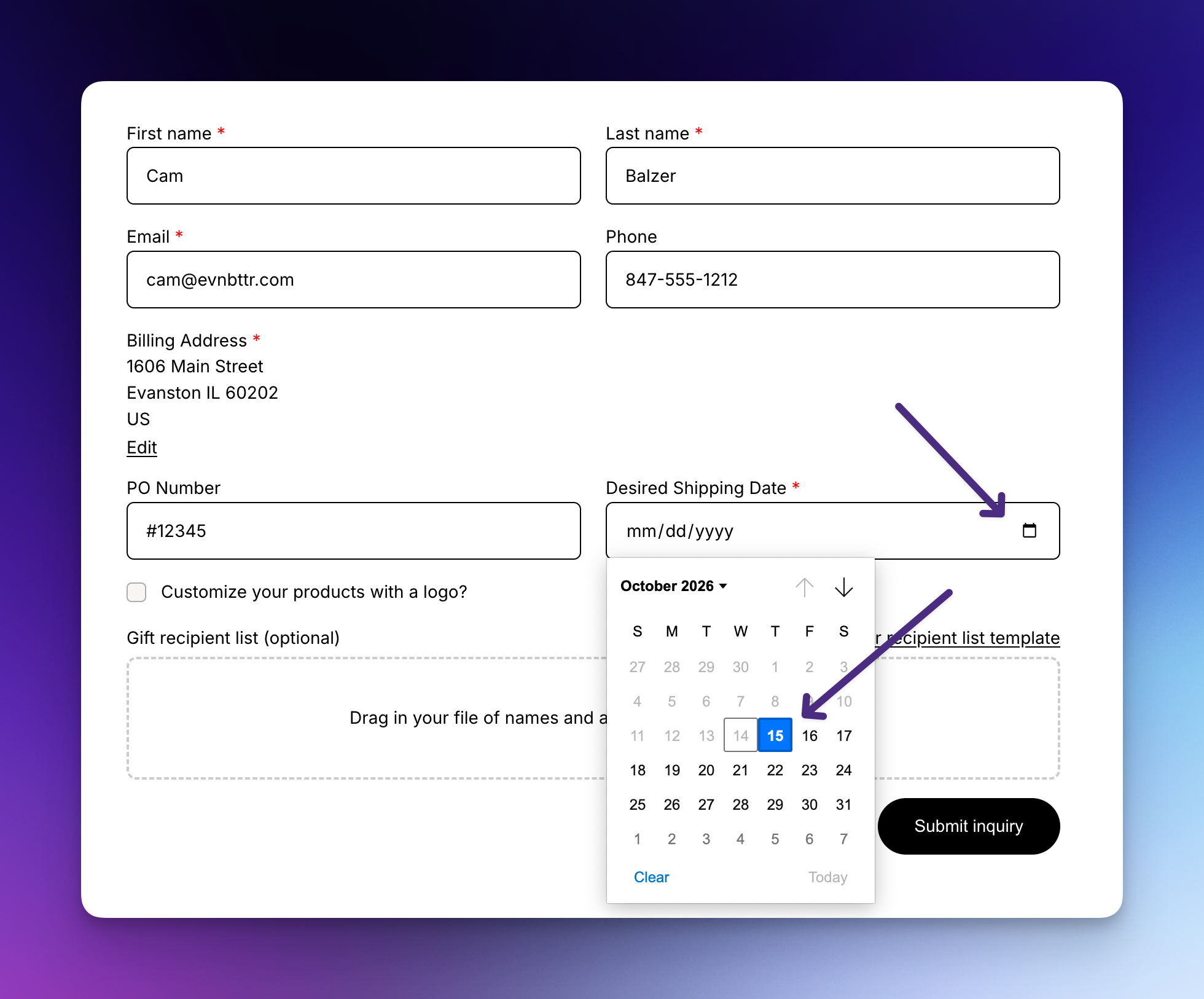 Shopify storefront inquiry form date picker with past dates greyed out by an earliest date offset