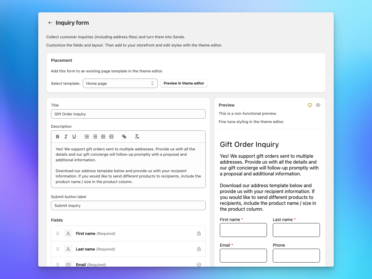 Send To Many inquiry form settings page with fields, conditional logic, and notifications