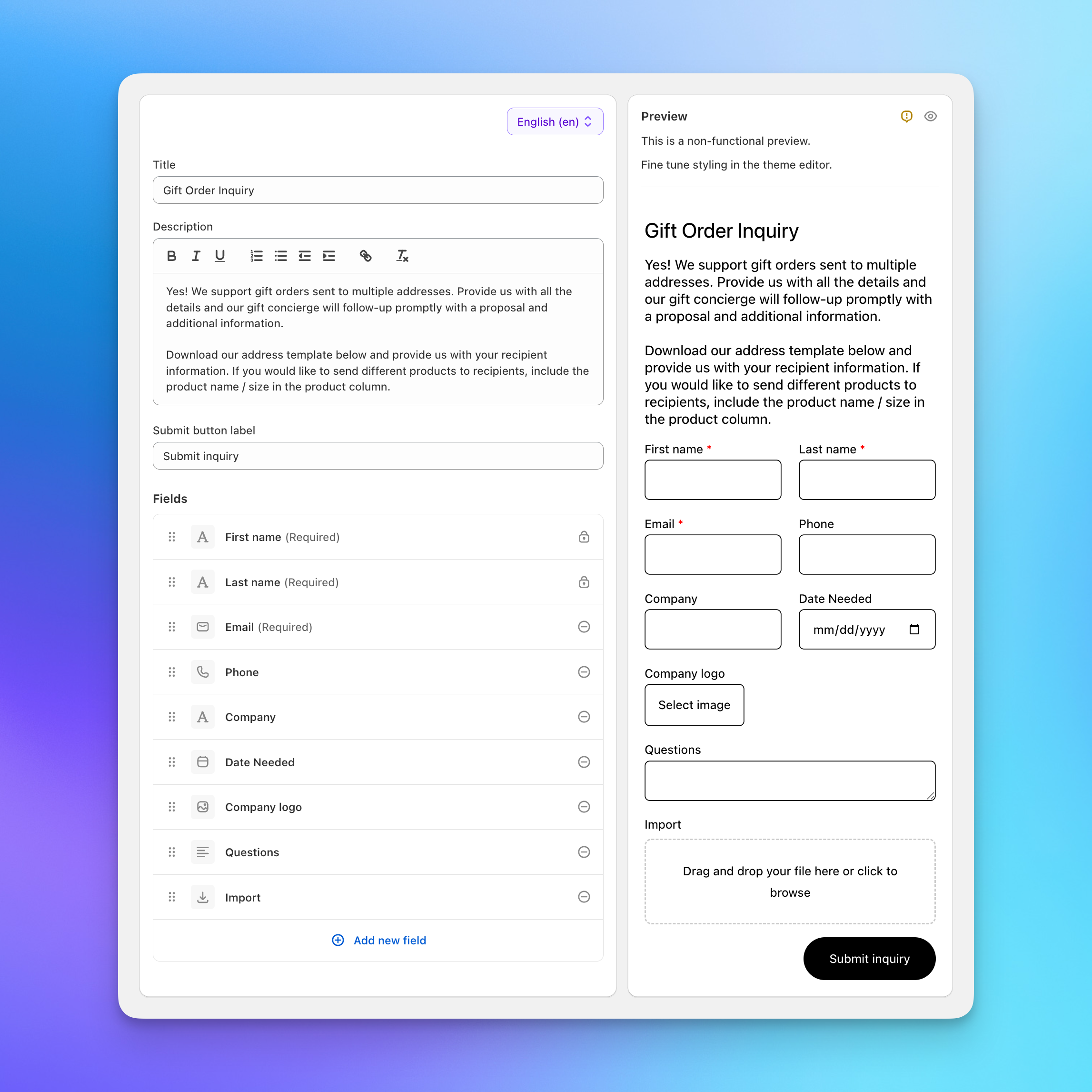 Send To Many inquiry form settings page with default fields, language picker, and live form preview