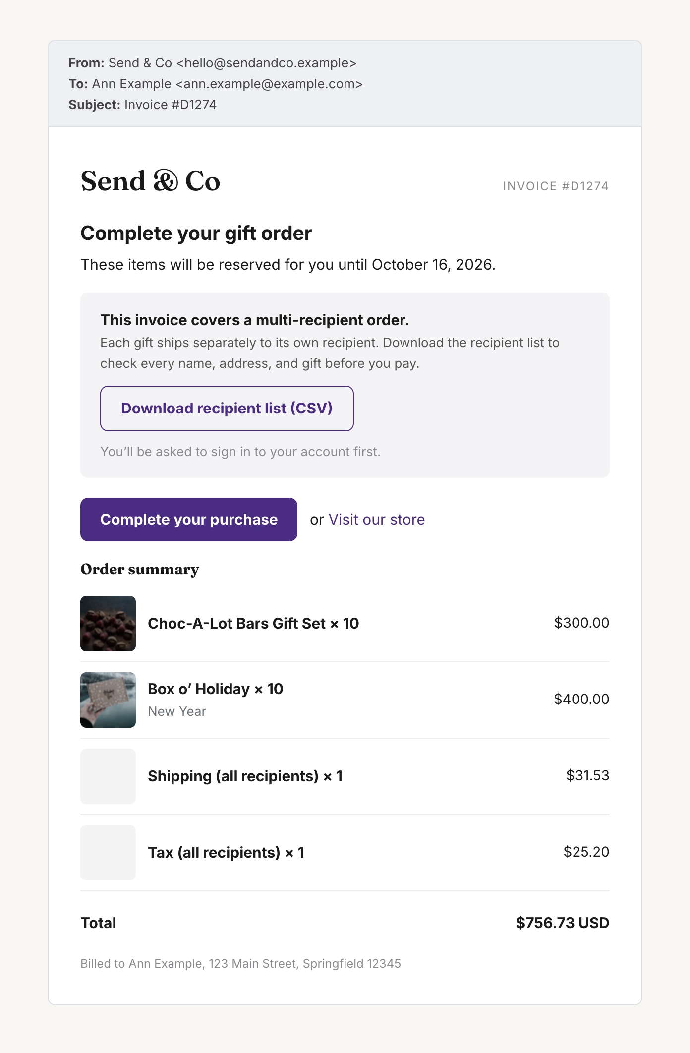Shopify draft order invoice email customized for a Send To Many multi-recipient order, with a Download recipient list (CSV) button