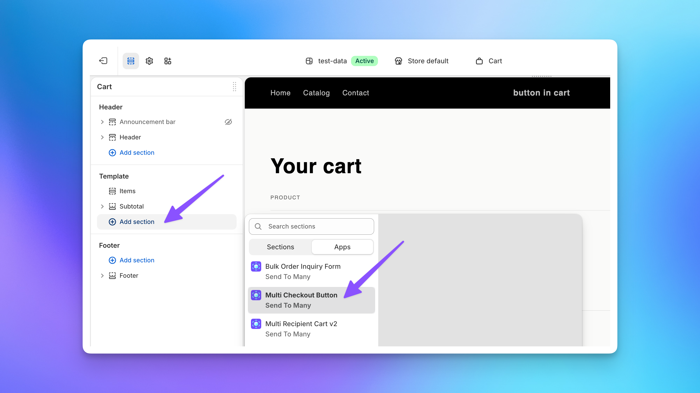 Shopify theme editor adding the Send To Many Multi Checkout Button app block to the cart page template