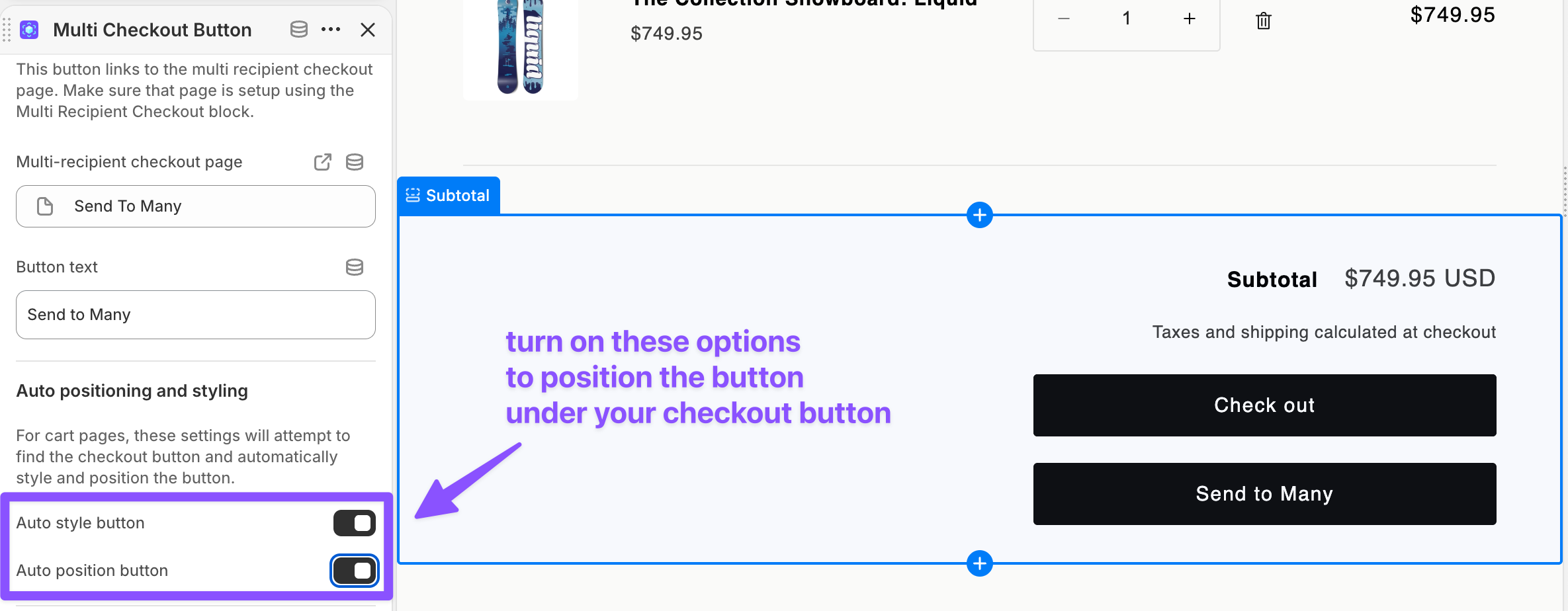 Send To Many Multi Checkout Button positioned under the Shopify cart checkout button with auto style and auto position enabled