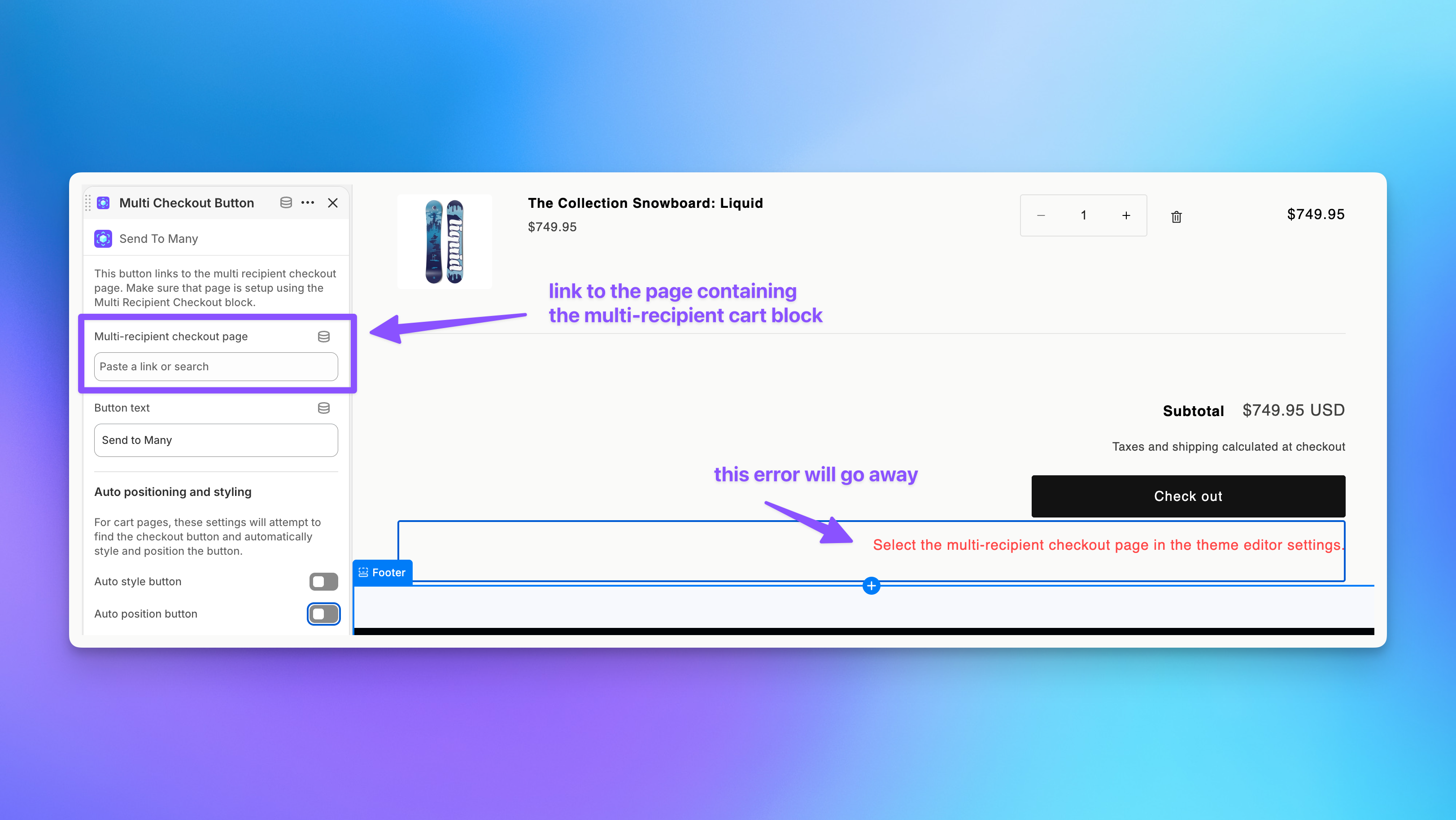 Send To Many Multi Checkout Button settings with the multi-recipient checkout page field highlighted in the Shopify theme editor