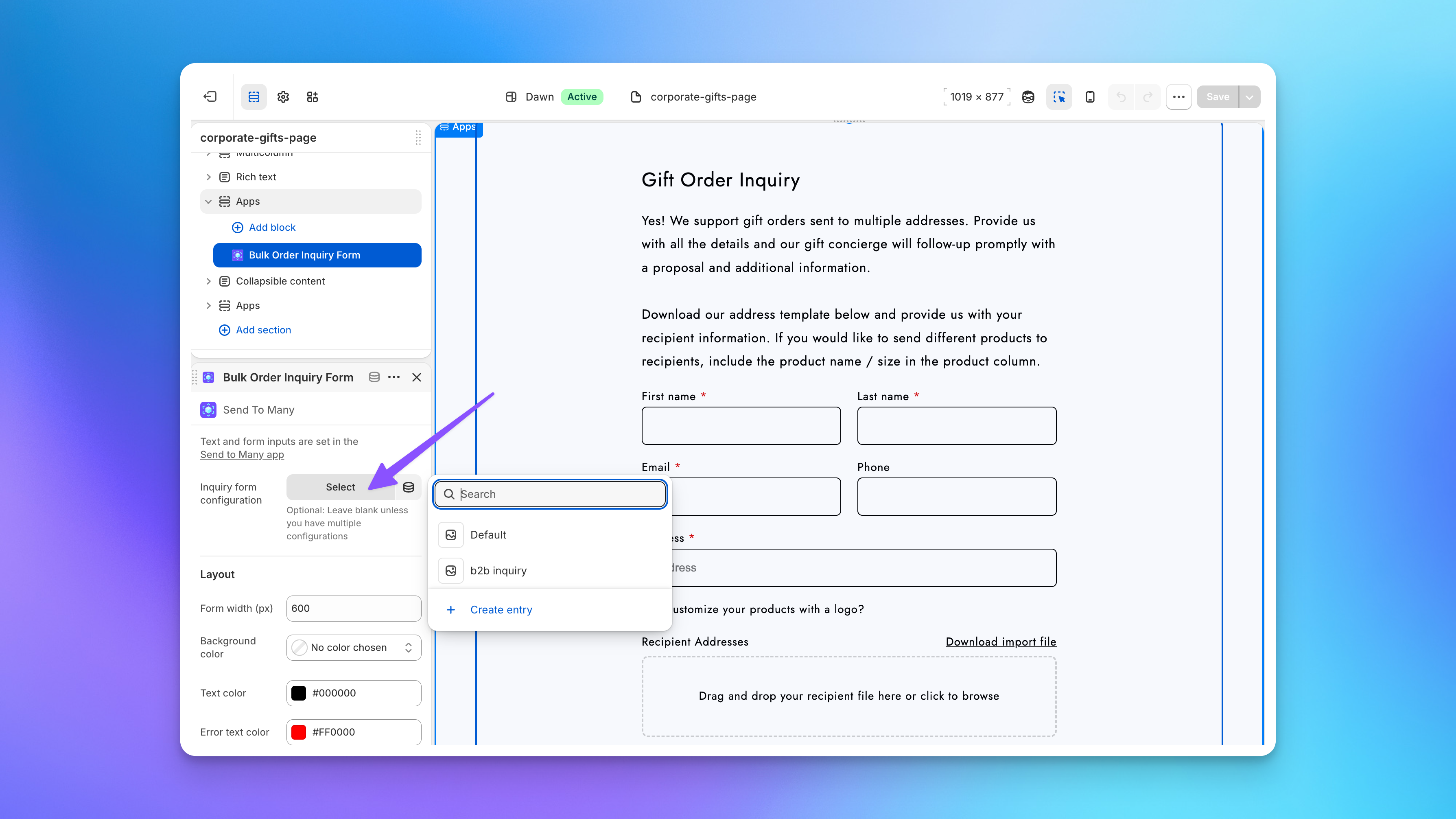 Selecting an inquiry form configuration for the Send To Many form block in the Shopify theme editor