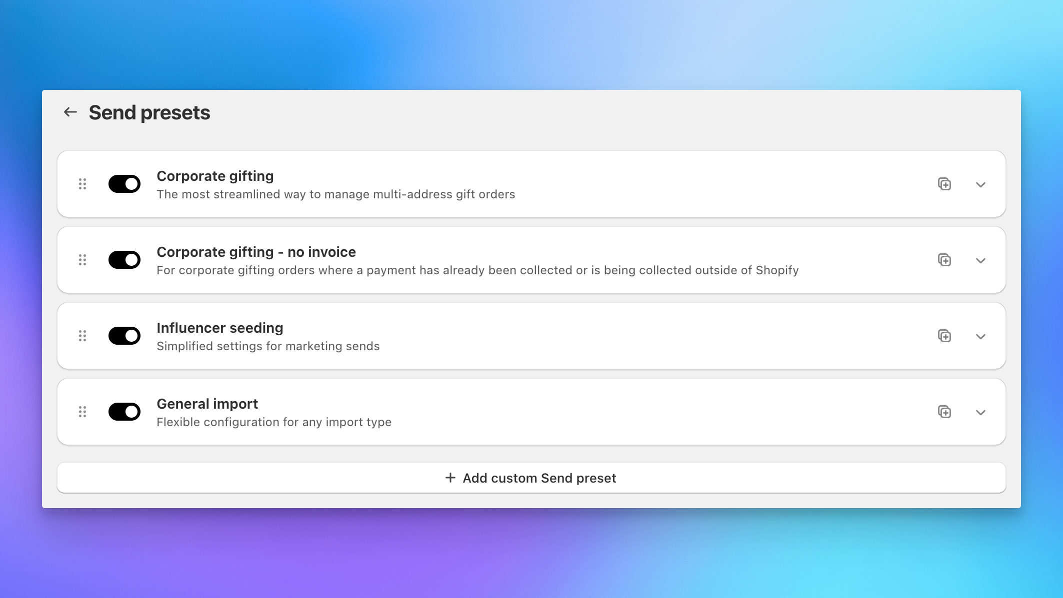 Send To Many preset options for corporate gifting, influencer seeding, and custom bulk order configurations in Shopify