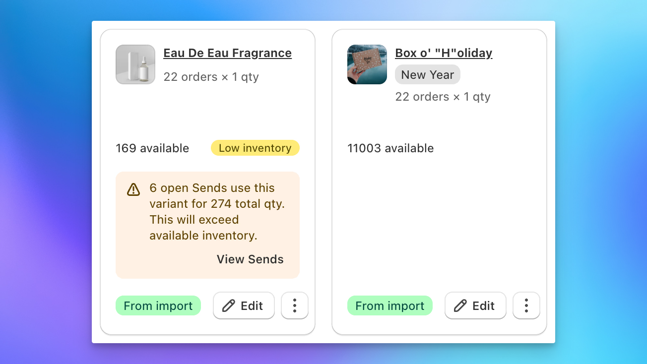 Send To Many inventory shortage alert showing committed stock across multiple open Sends to prevent Shopify overselling