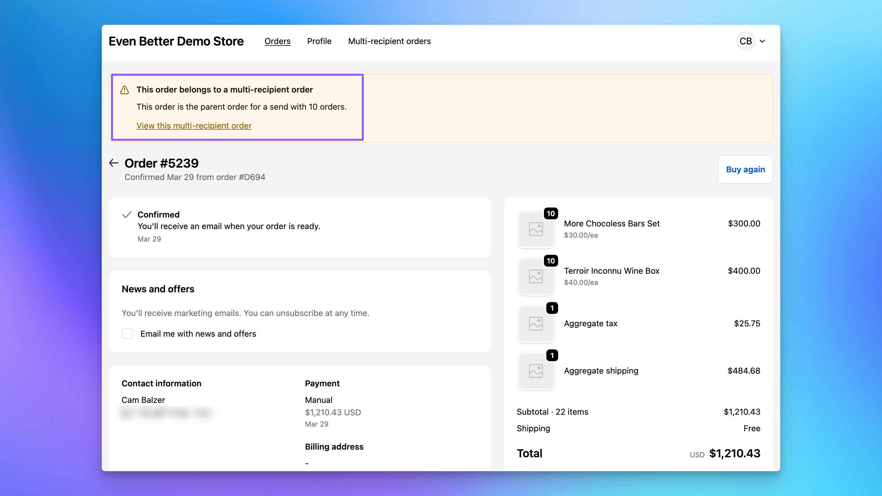Order Send Banner on an aggregate order page showing this order is the parent of a multi-recipient Send with 10 orders