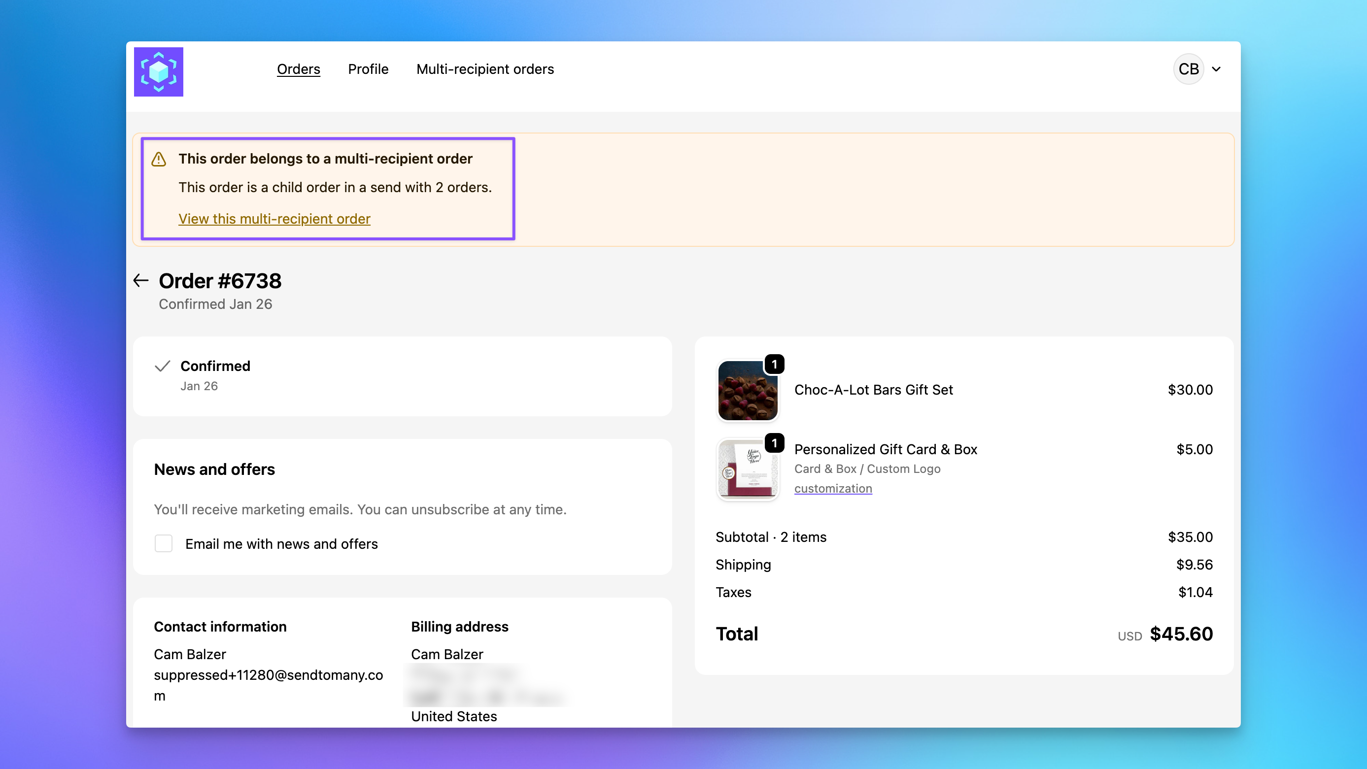 Order Send Banner on a recipient order page showing this order belongs to a multi-recipient Send