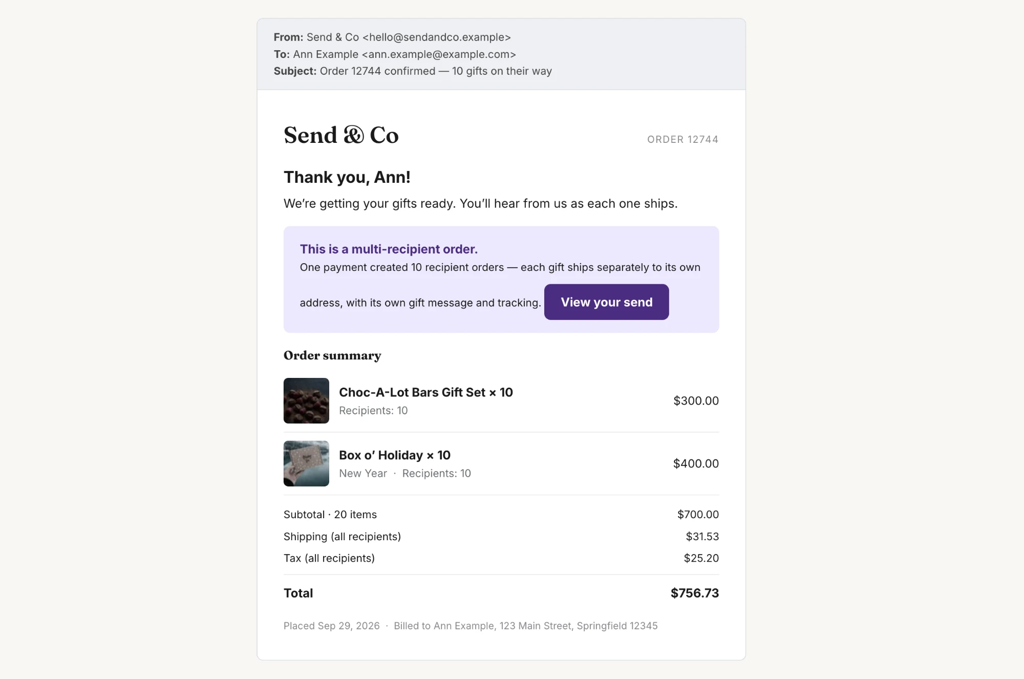 Shopify order confirmation email for a multi-recipient order with a note that each gift ships separately and a link to the Send detail page