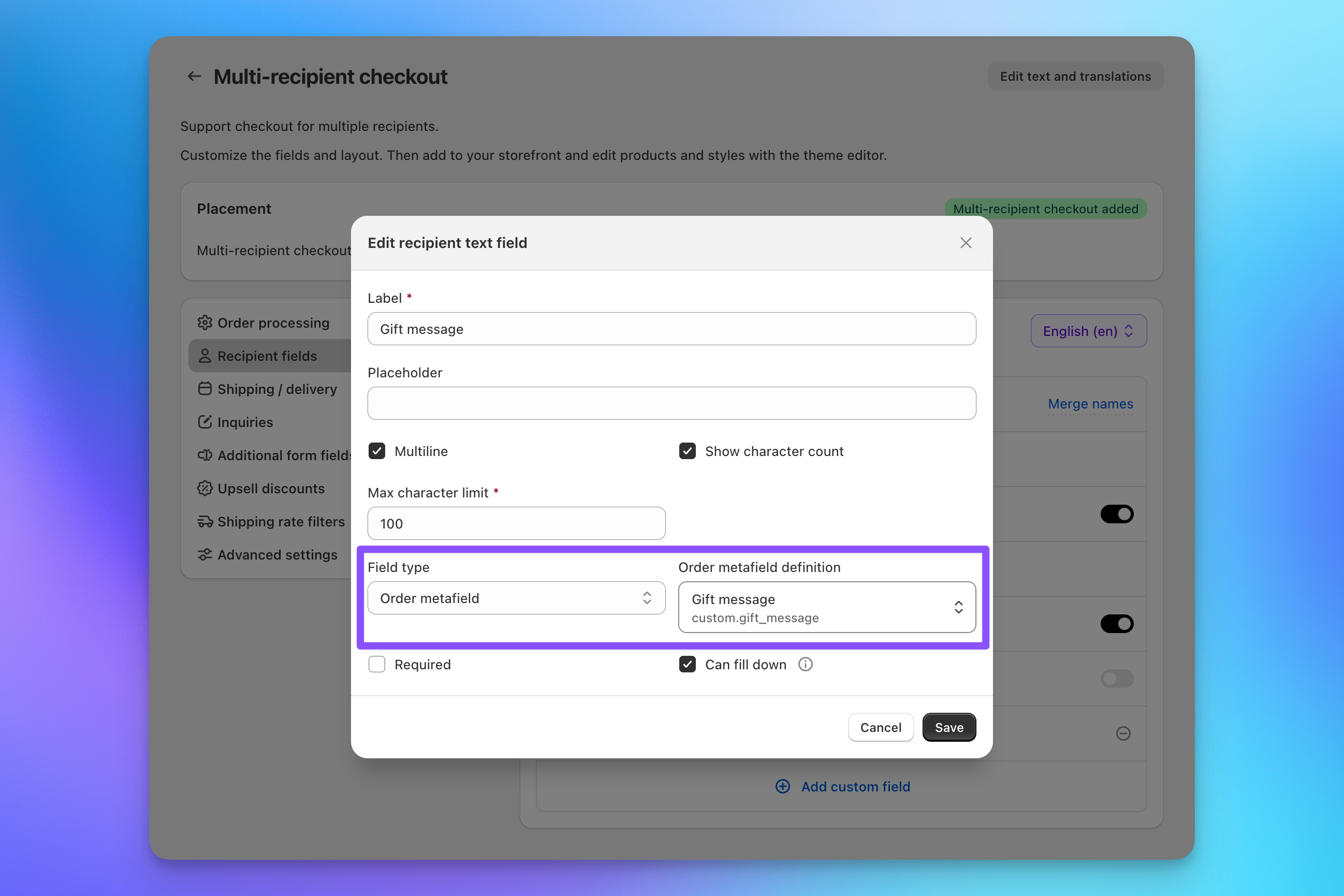 Checkout recipient field configuration with field type set to Order metafield in Send To Many for Shopify