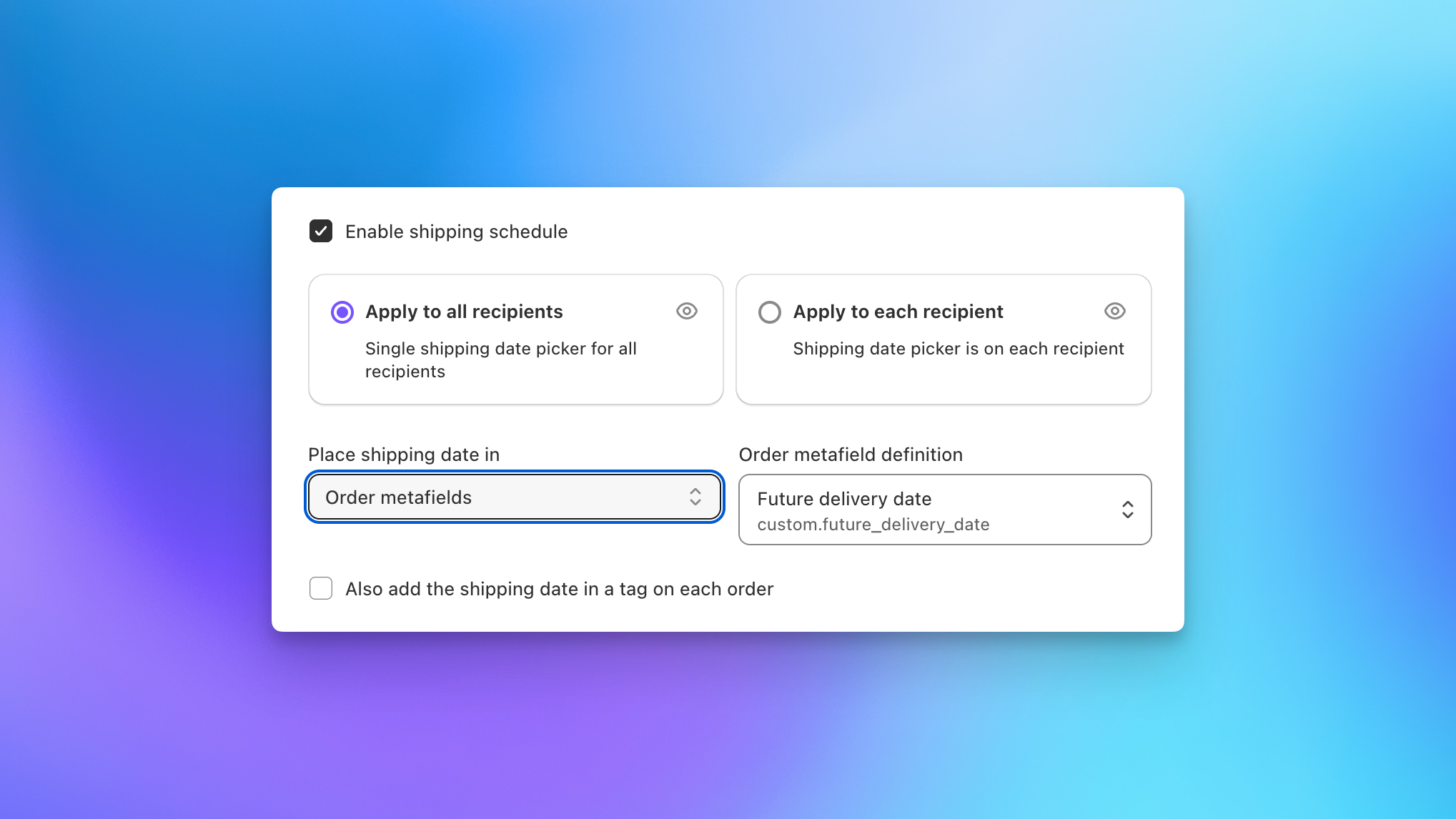 Checkout shipping date configuration storing selected date in a Shopify order metafield via Send To Many