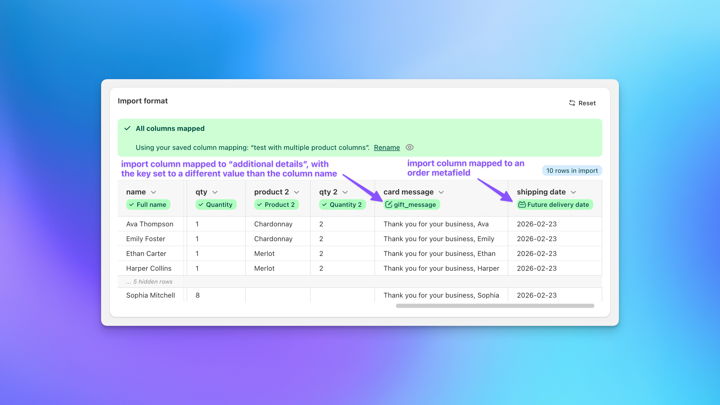 Send To Many spreadsheet upload column mapping with order metafield option in Shopify