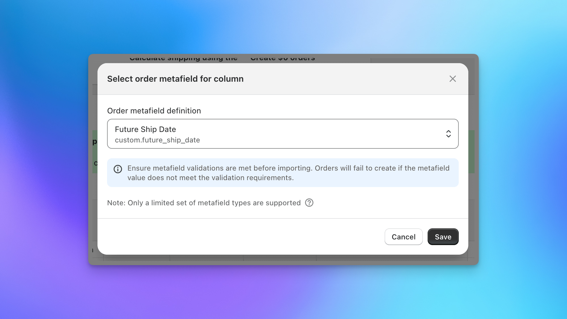 Select order metafield definition dialog showing available Shopify order metafields for bulk import