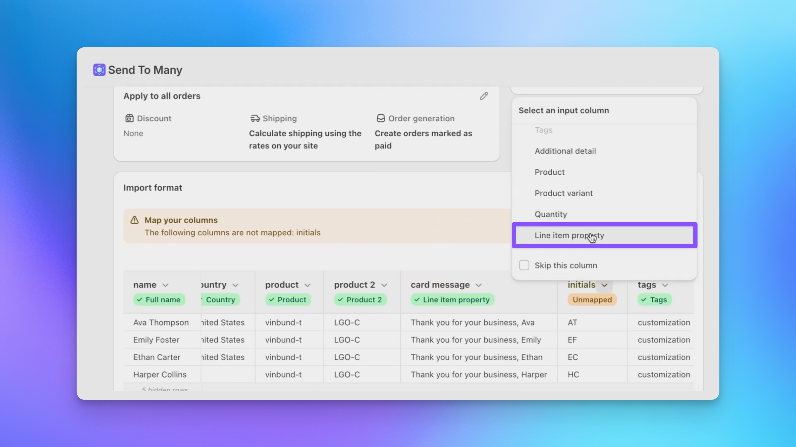 Send To Many column mapping showing a customization column mapped to Line item property during Shopify bulk order import