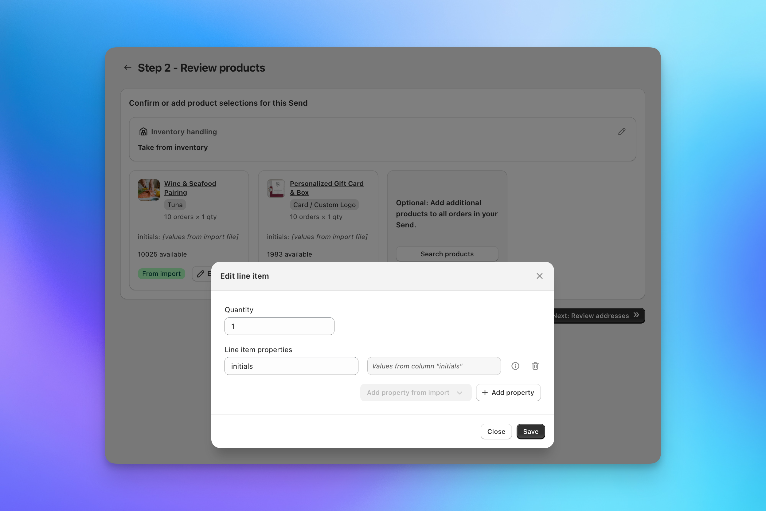 Send To Many product step showing imported customization line item properties assigned to a Shopify product