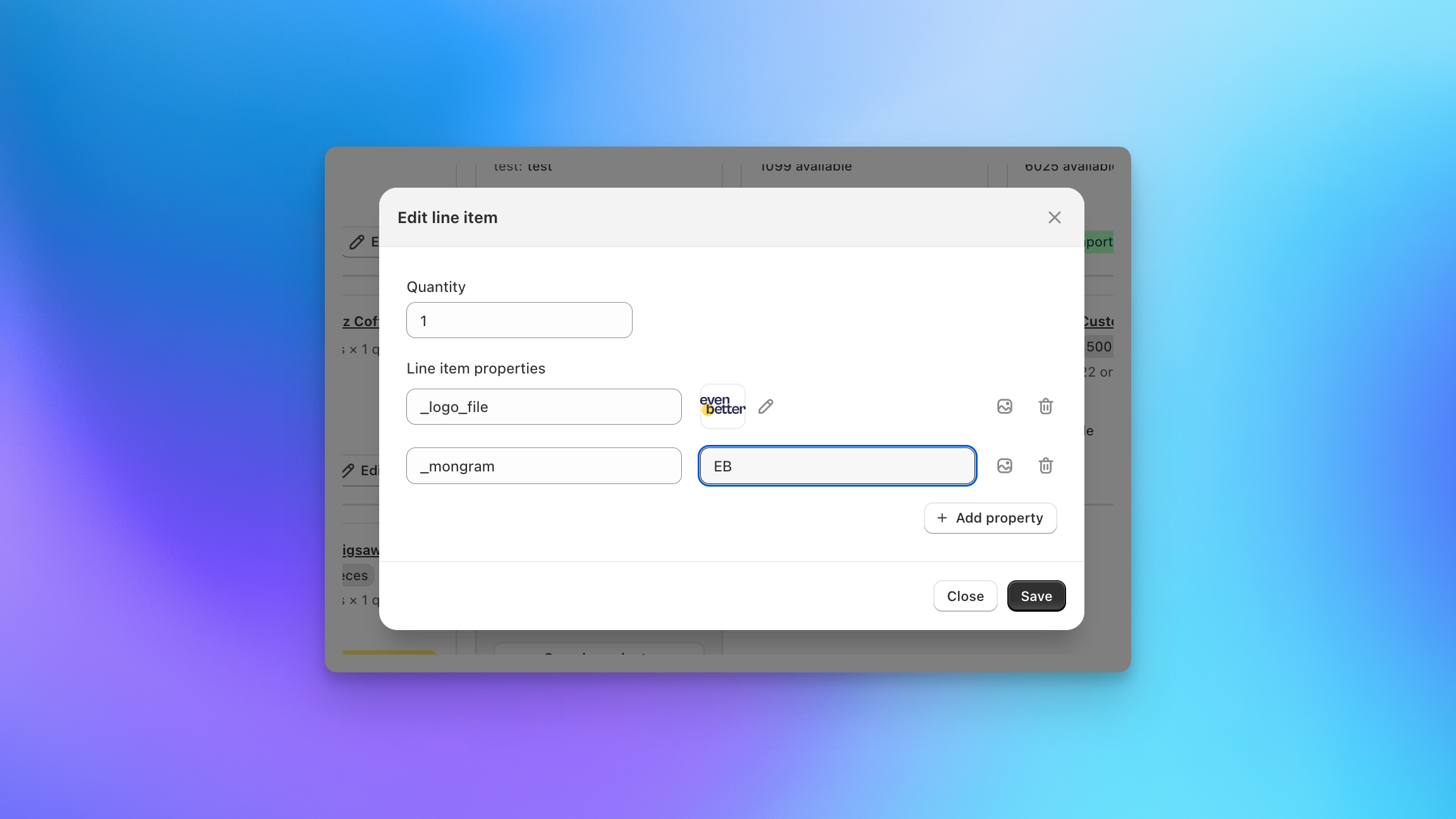 Send To Many edit dialog showing manually added line item properties including logo file and monogram for Shopify product customization