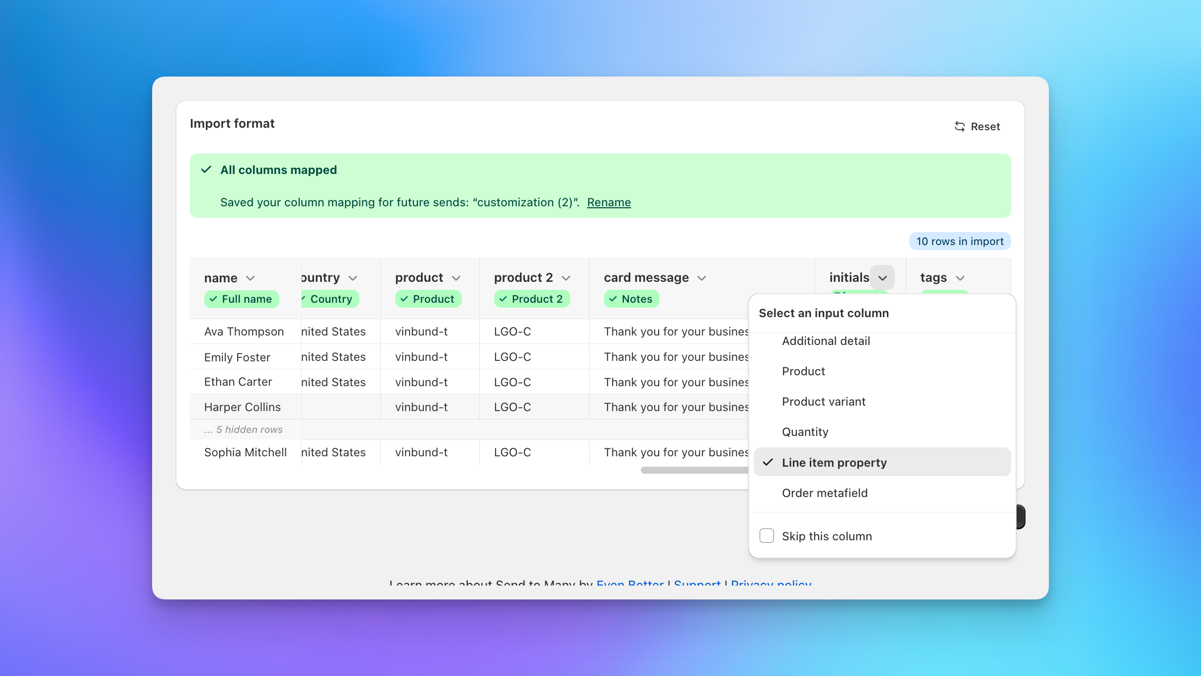 Send To Many column mapping showing product customization columns mapped to Shopify line item properties during bulk import