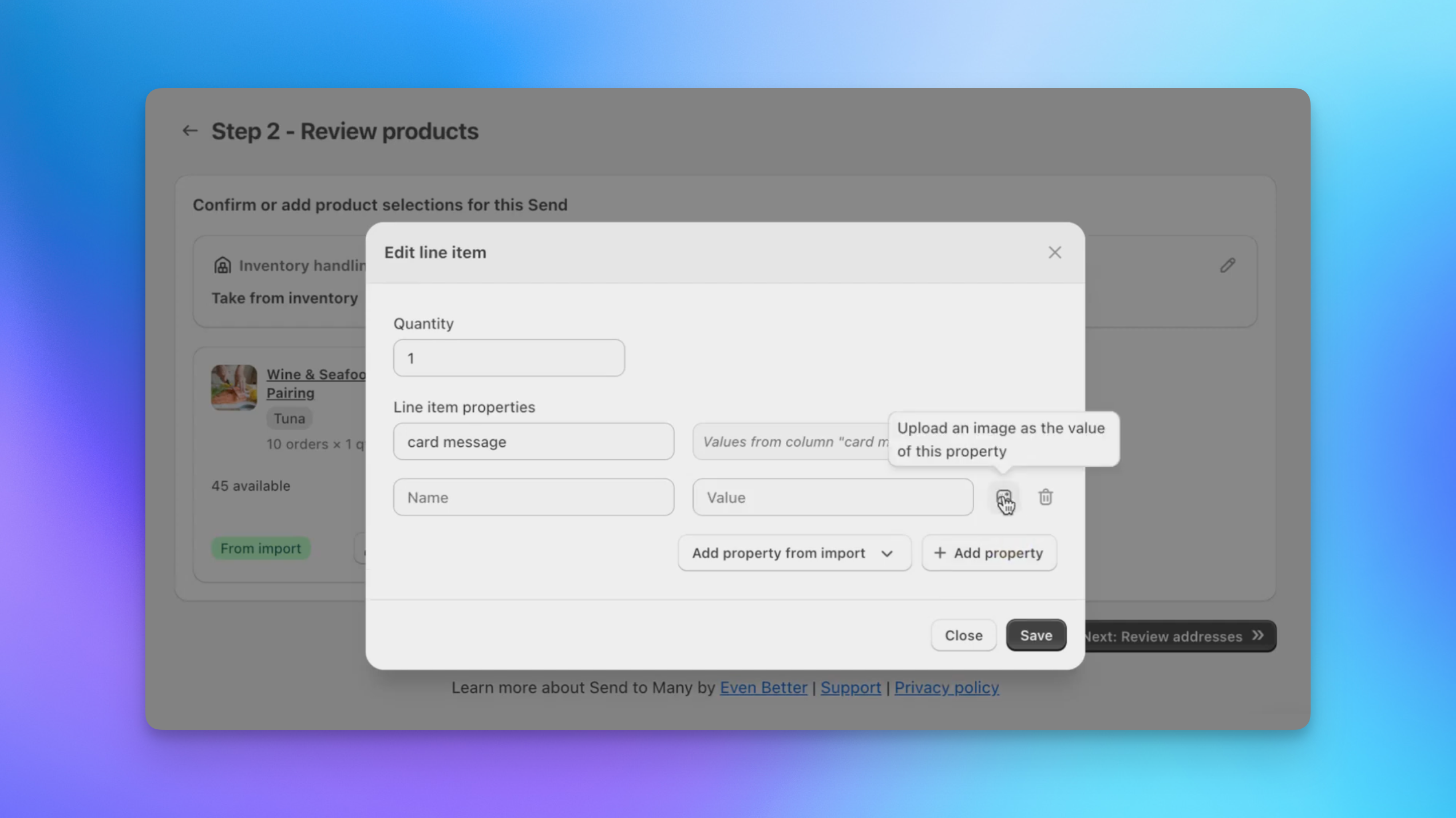 Send To Many edit line item dialog showing a line item property with an image upload option for product customization in Shopify