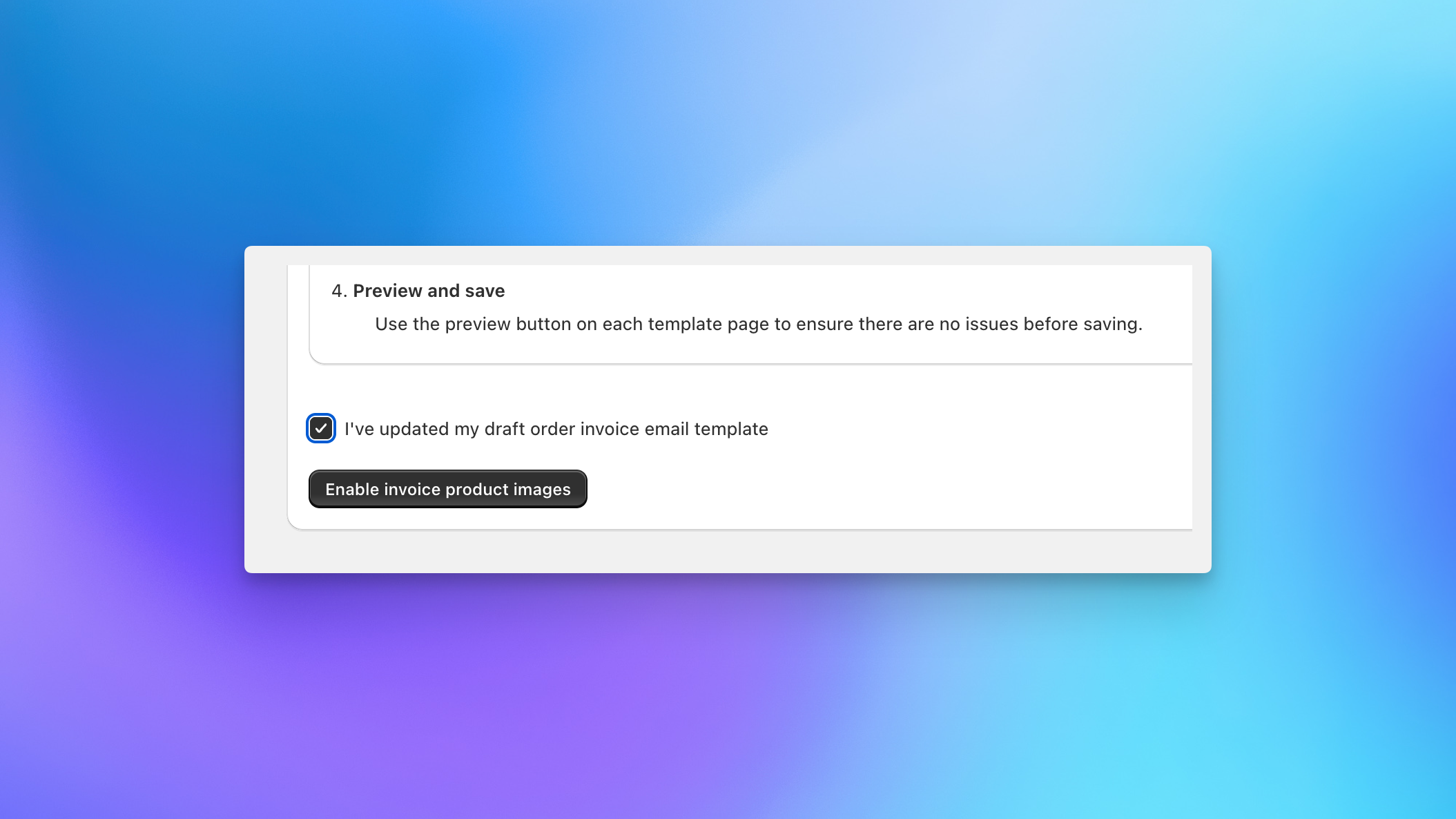 Send To Many settings showing the confirmation checkbox and enable button for invoice product images