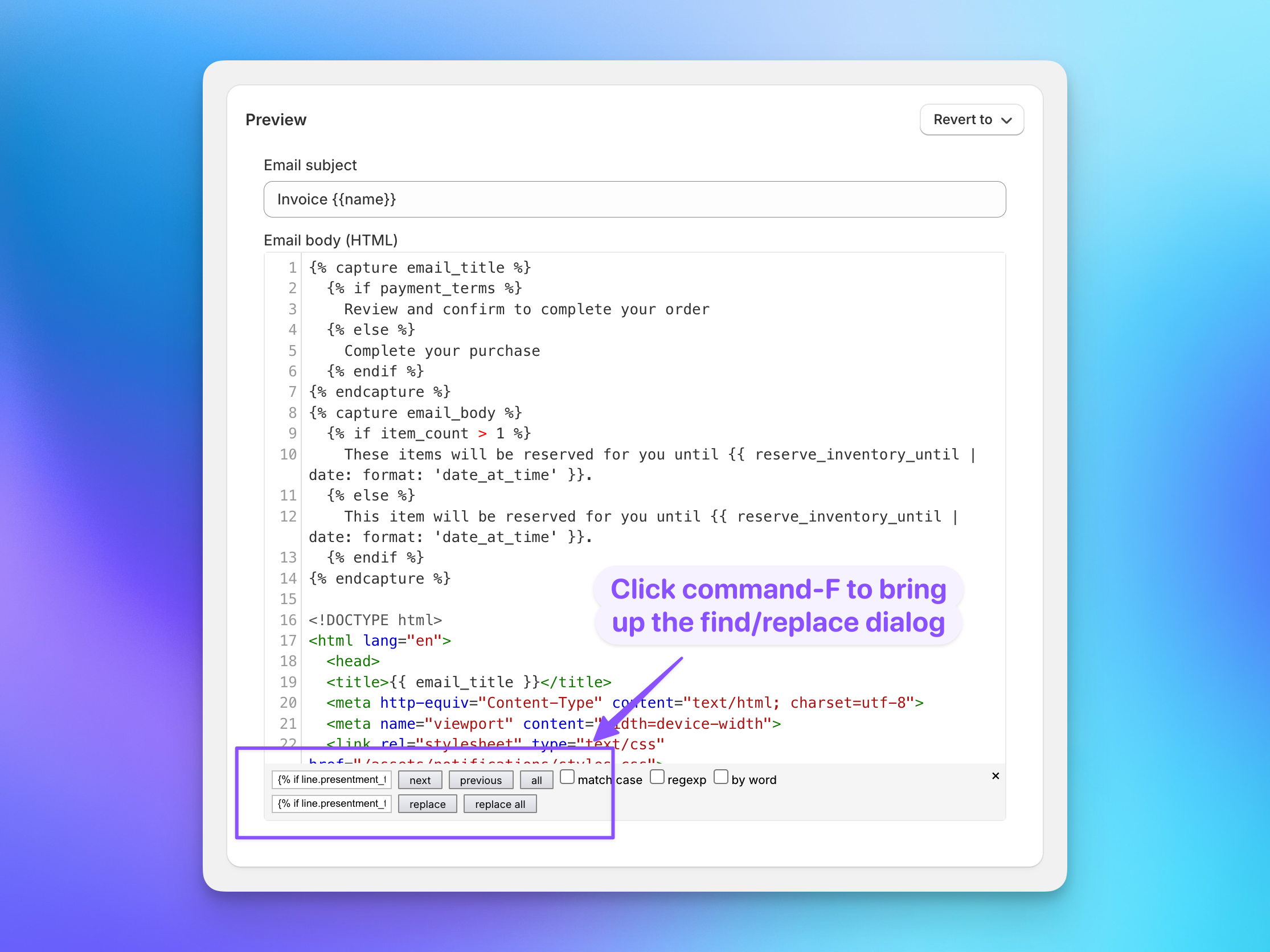 Shopify email template editor showing find and replace for Send To Many invoice product image titles