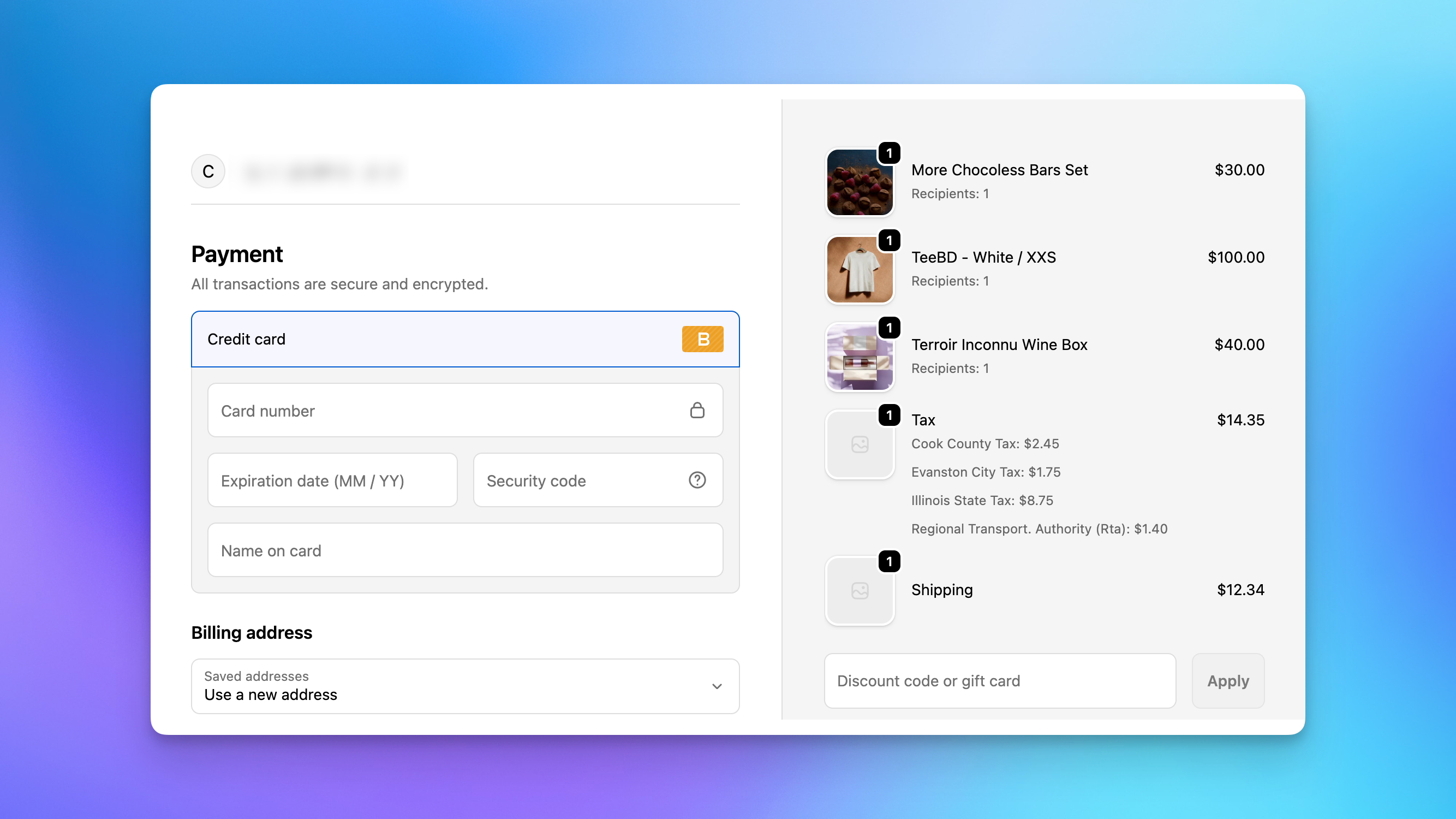 Send To Many multi-recipient checkout showing product images alongside each line item in Shopify