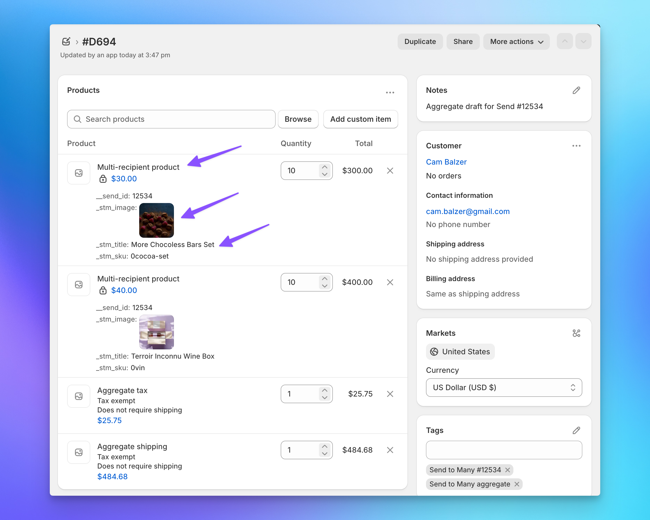Send To Many aggregate draft order showing product images and titles on invoice line items in Shopify admin