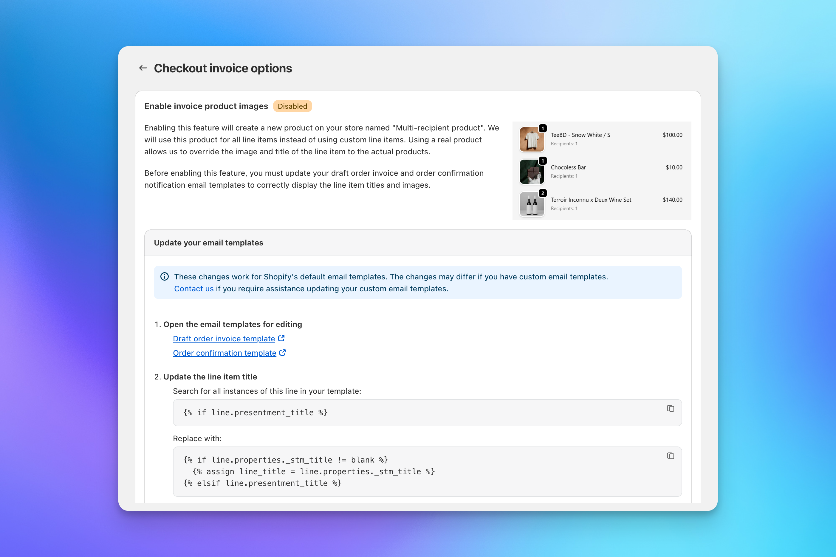 Send To Many checkout invoice options showing product image setup instructions and email template changes