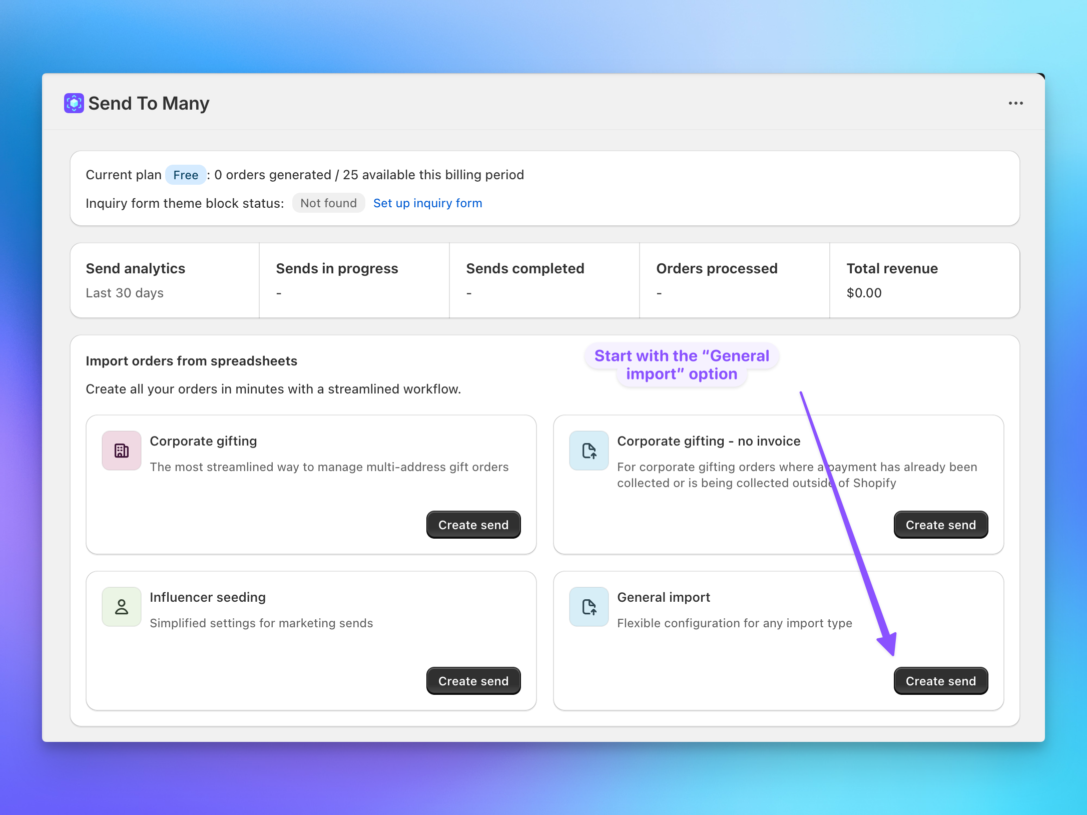 Send To Many app home screen in Shopify showing options to create a new bulk order Send