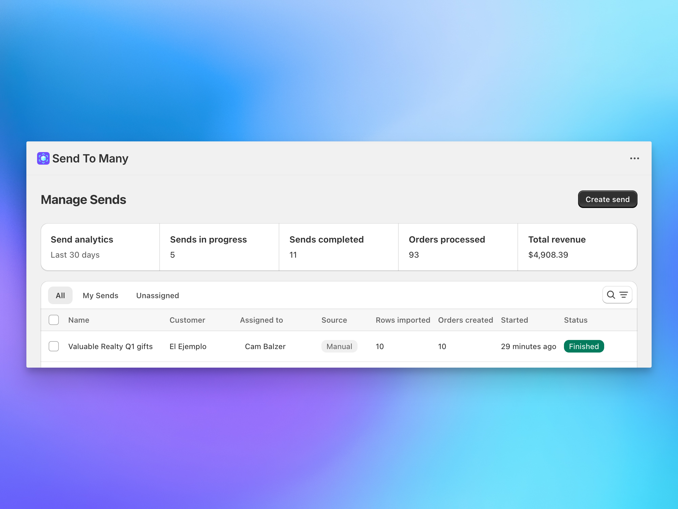 Send To Many Manage Sends dashboard showing completed bulk order imports in Shopify