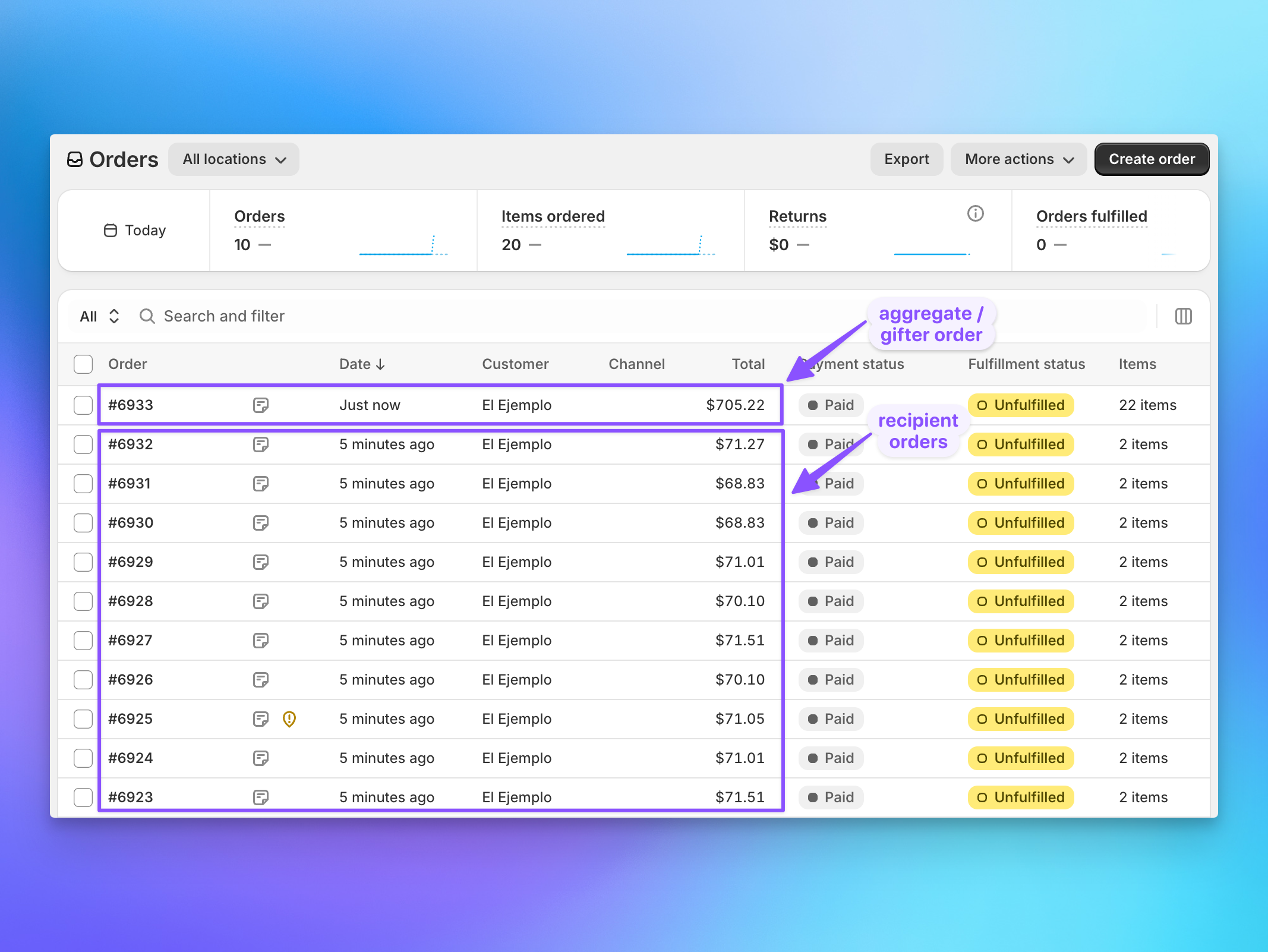 Shopify orders list showing generated Send To Many bulk recipient orders
