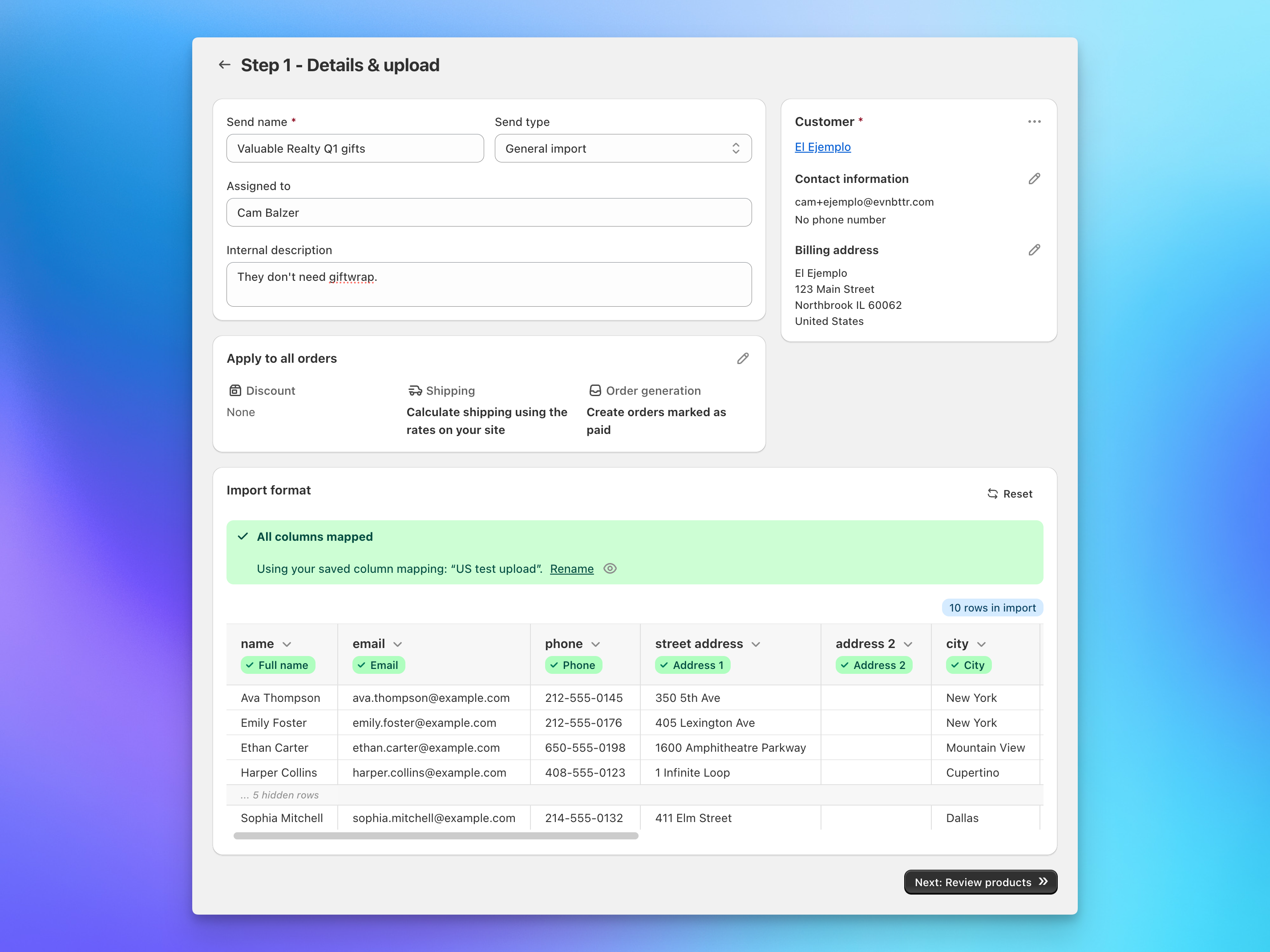 Send To Many upload step showing a bulk order spreadsheet with recipient names and addresses imported into Shopify