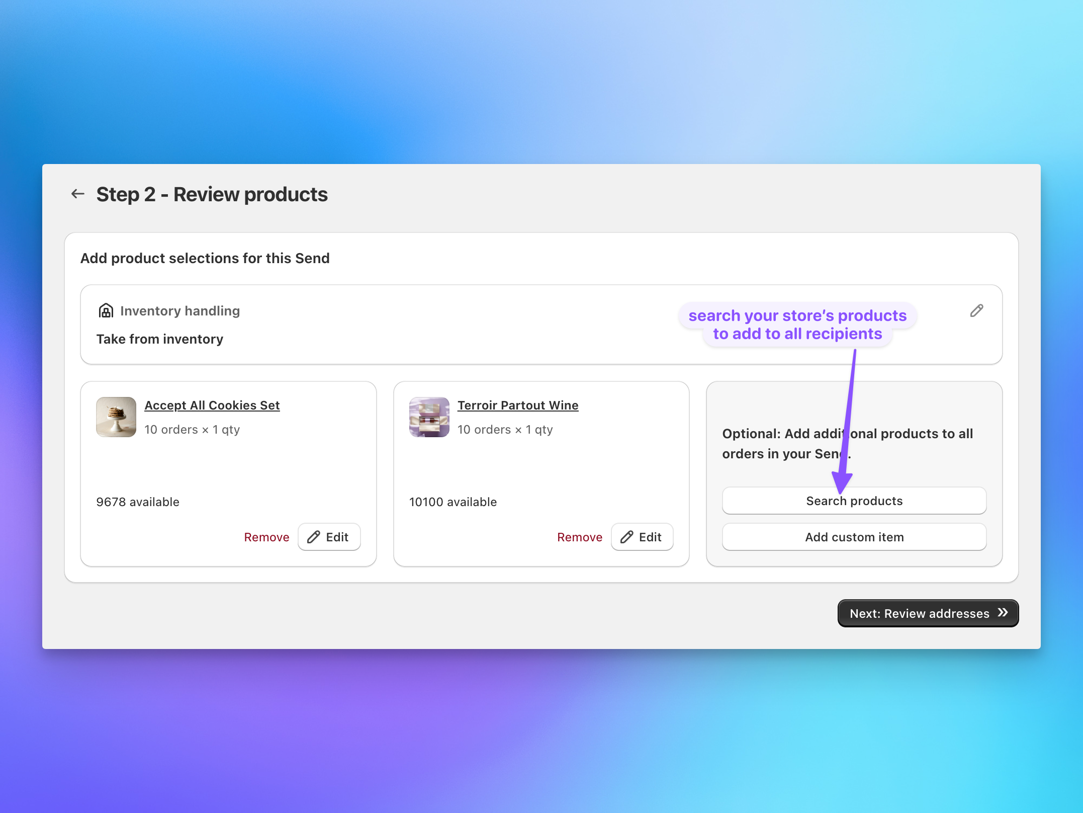 Send To Many product selection step showing Shopify products assigned to bulk order recipients