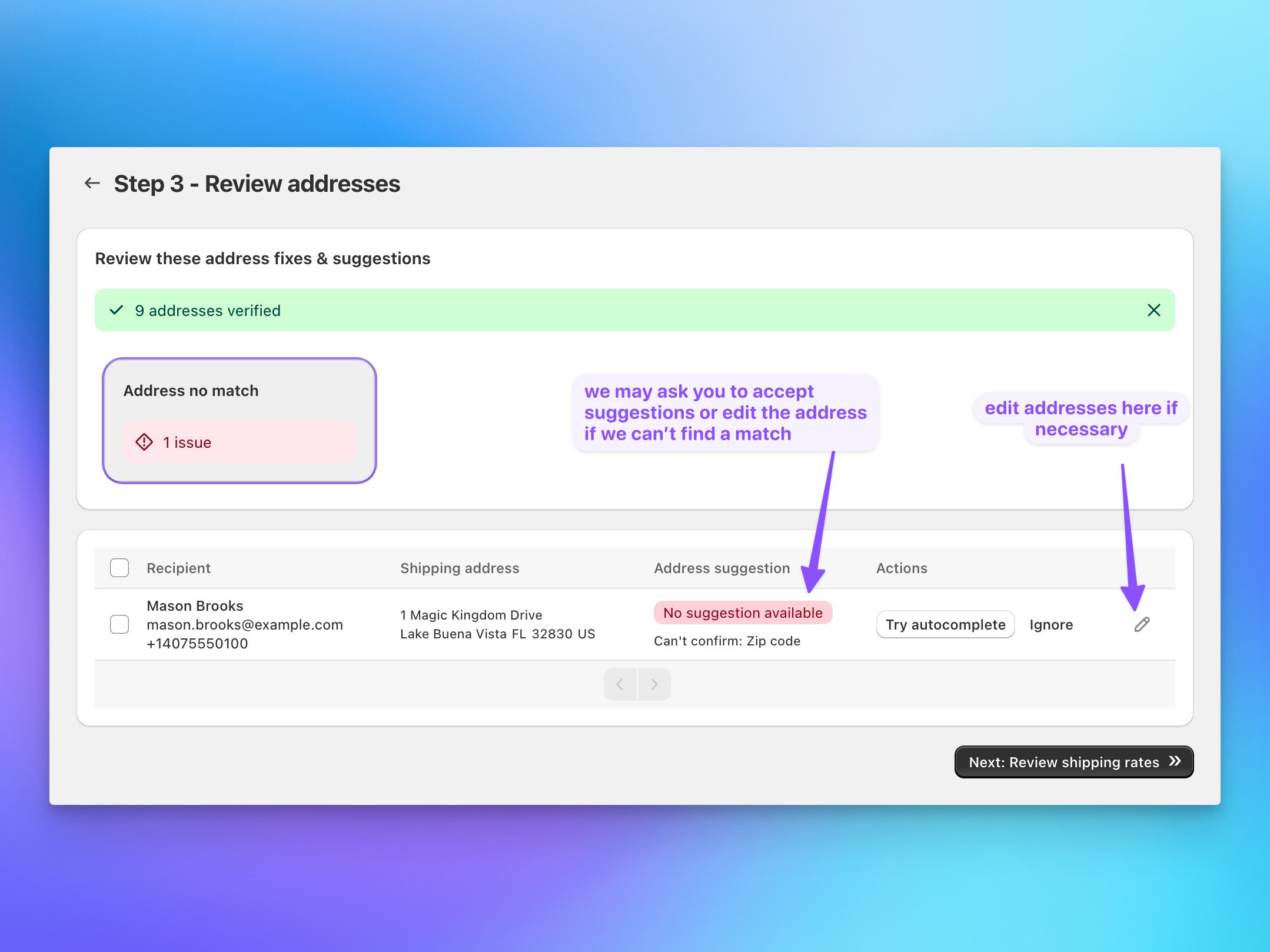 Send To Many address validation step checking recipient shipping addresses for a Shopify bulk order
