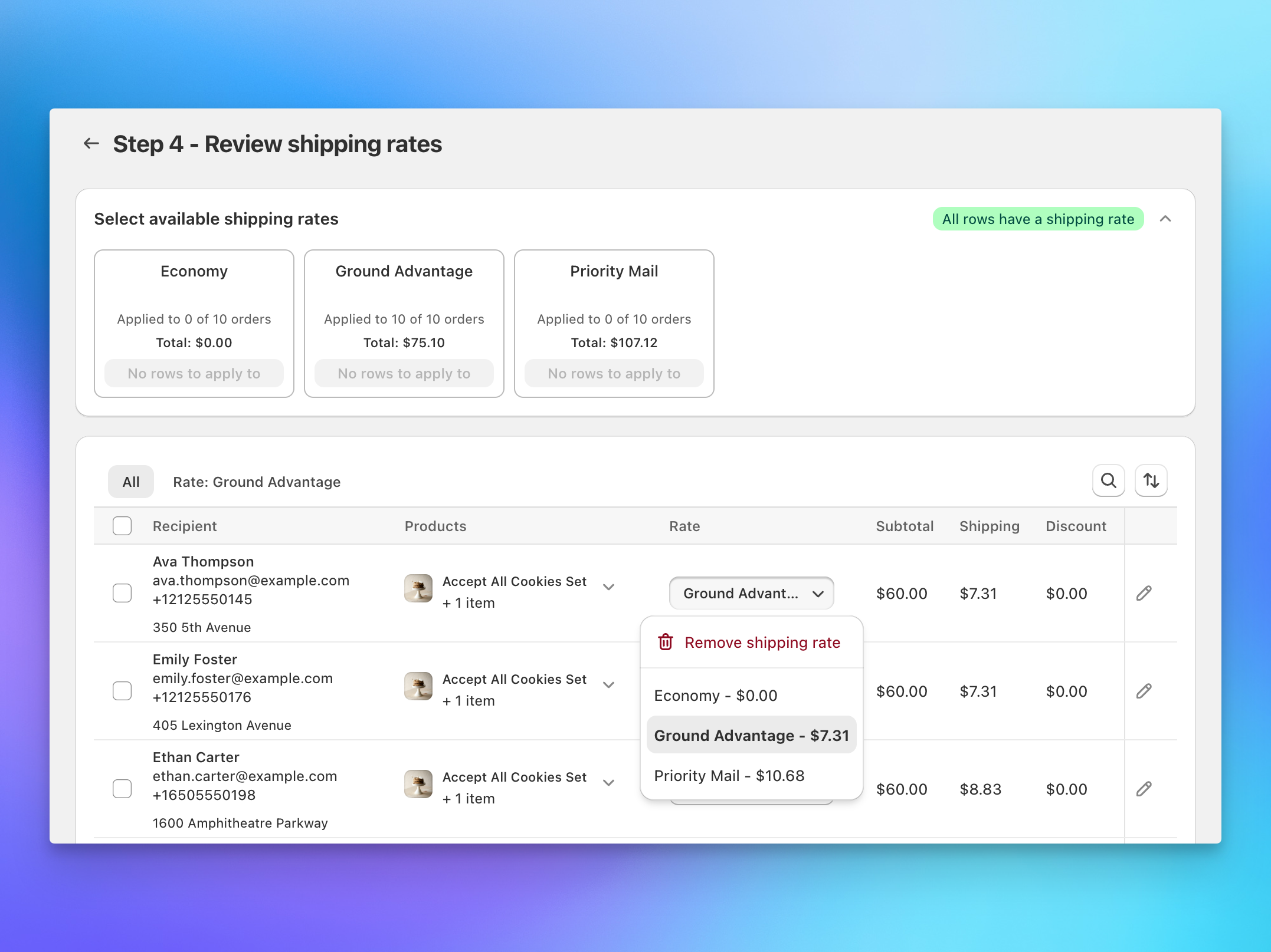 Send To Many shipping step calculating per-recipient shipping rates for a Shopify bulk order