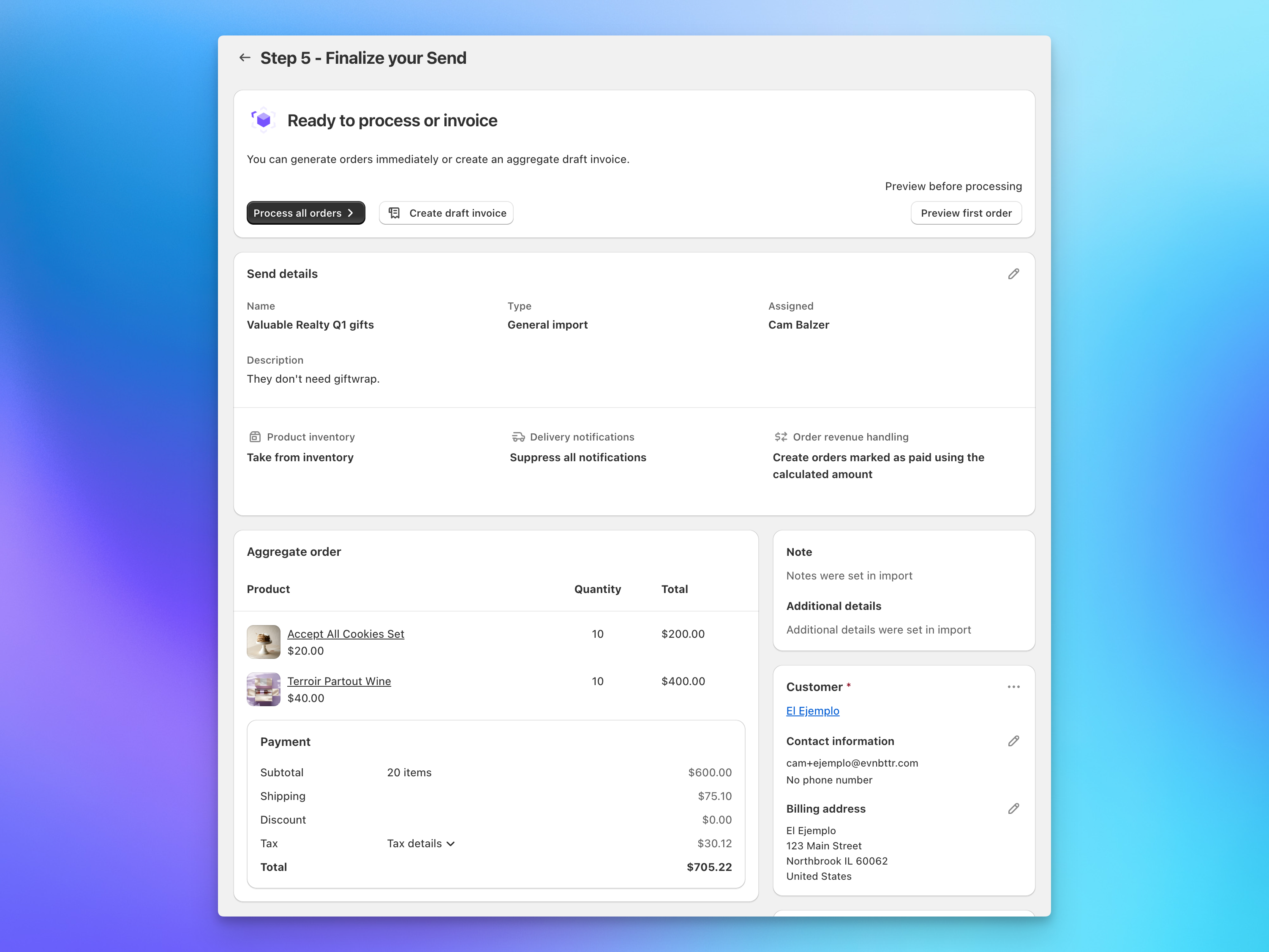 Send To Many finalize step showing bulk order summary with totals before generating Shopify orders