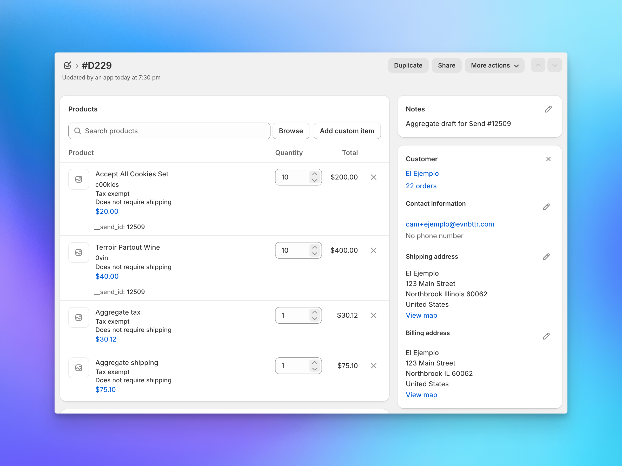 Send To Many generating an aggregate invoice as a Shopify draft order for bulk payment collection