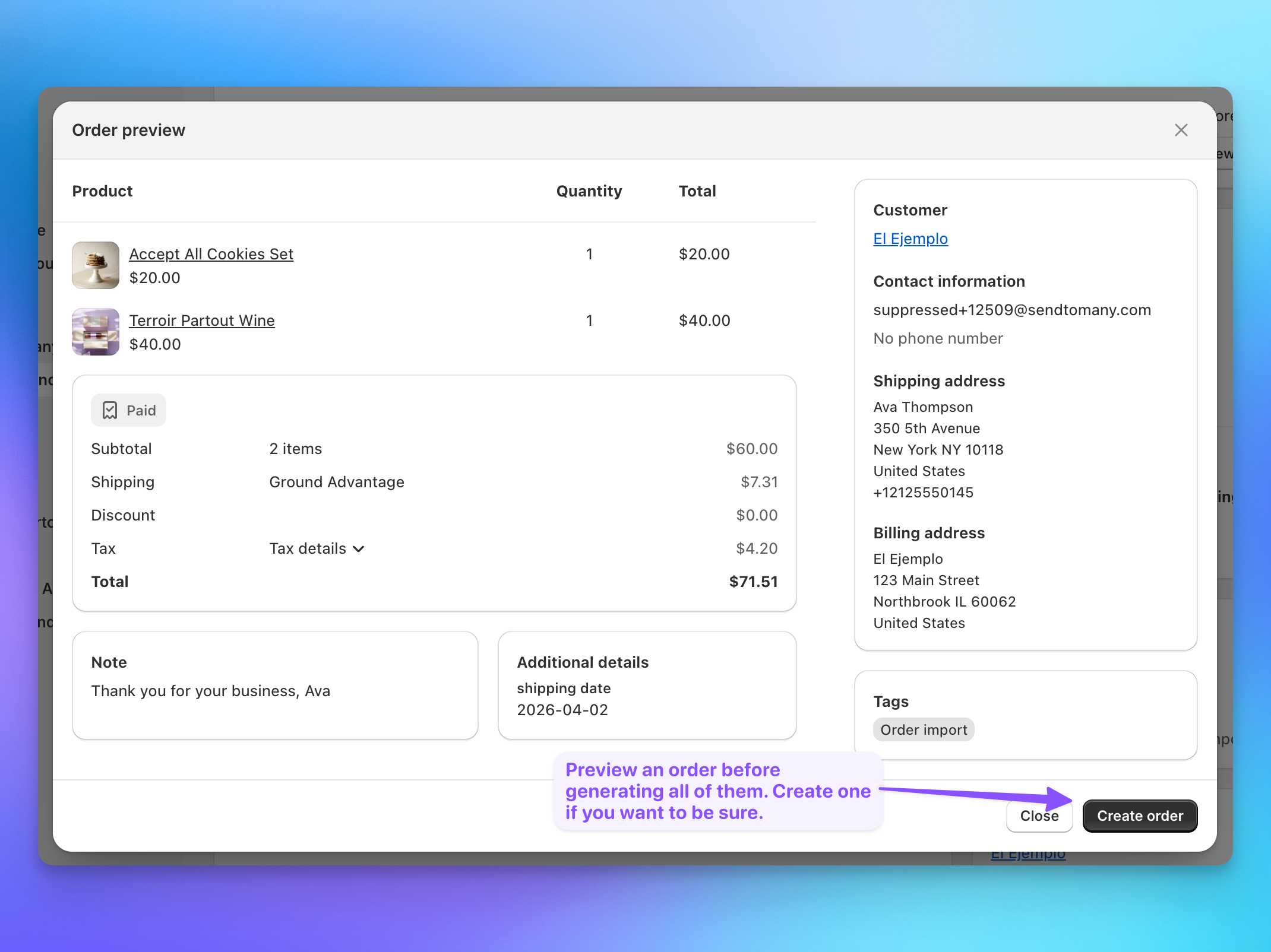 Send To Many order preview showing individual recipient order details before Shopify order generation