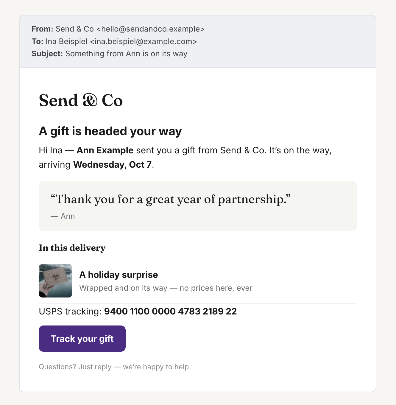 Shipping notification email for a gift recipient saying who the gift is from, with tracking and no product prices