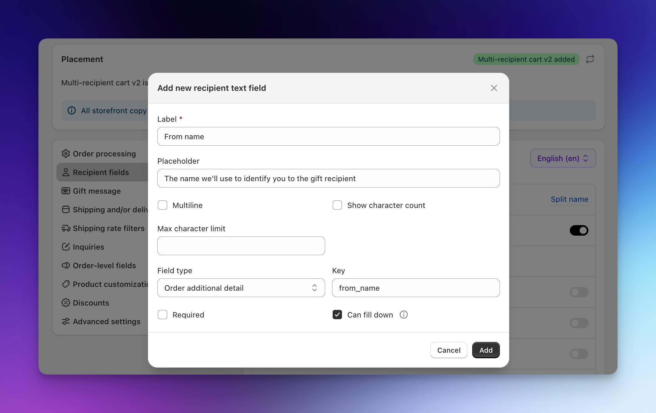 Send To Many recipient text field editor for a From name field with Field type set to Order additional detail, the key from_name, and Can fill down checked