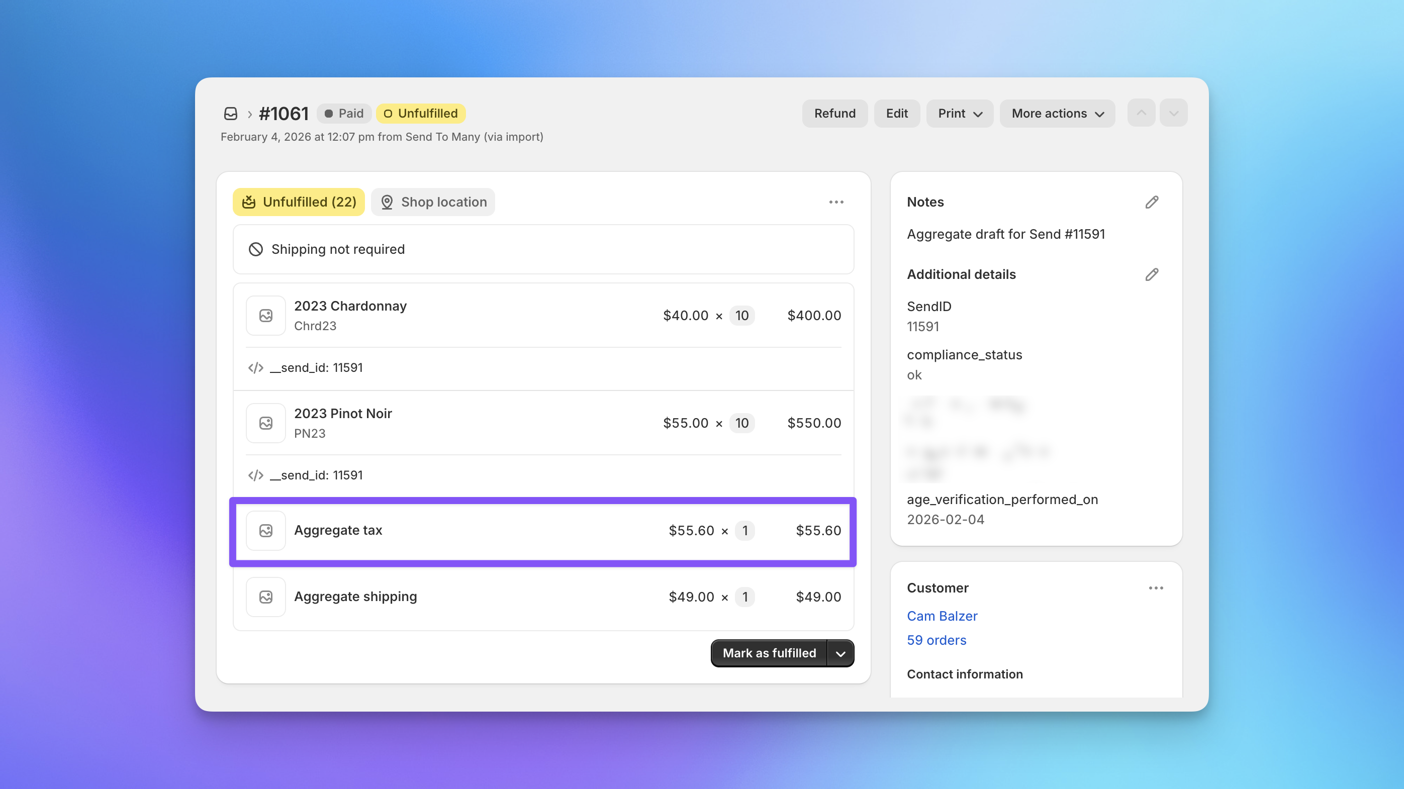 Shopify aggregate draft invoice with a single combined tax line item for bulk order